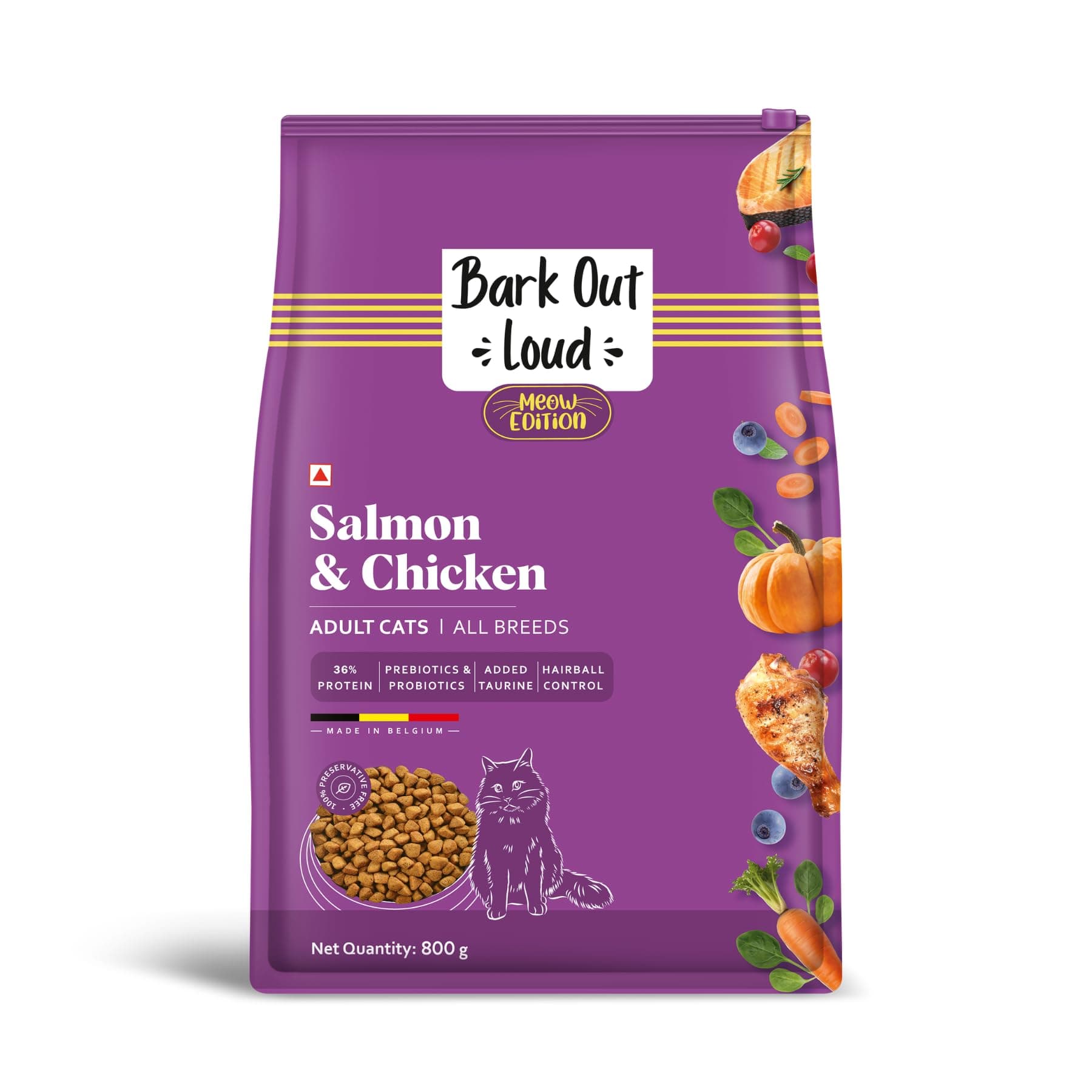 Bark Out Loud by Vivaldis - Adult Dry Cat Food Chicken & Salmon 1 Kg Protein-Packed Immunity Growth & Development Booster contributes to Healthy Heart Skin Coat and Eye.