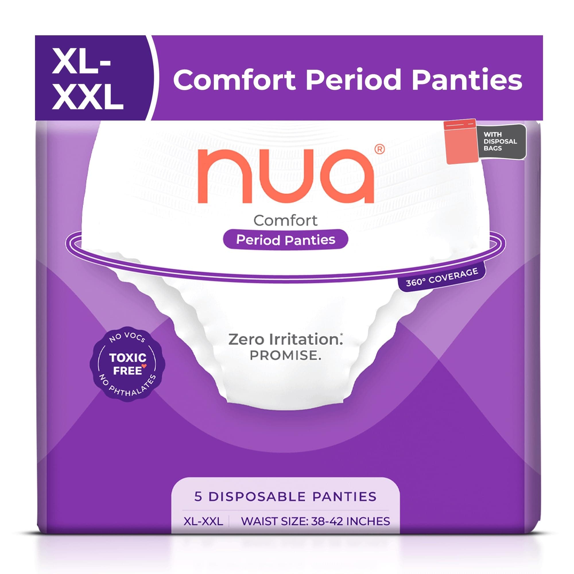 Nua Comfort Period Panties (XL-XXL) | Pack of 5 | Disposable | 360° Coverage | Zero Irritation | 4X Comfort | for Heavy Flow | No rashes | Leakproof | Seamless | 100% Toxic-Free