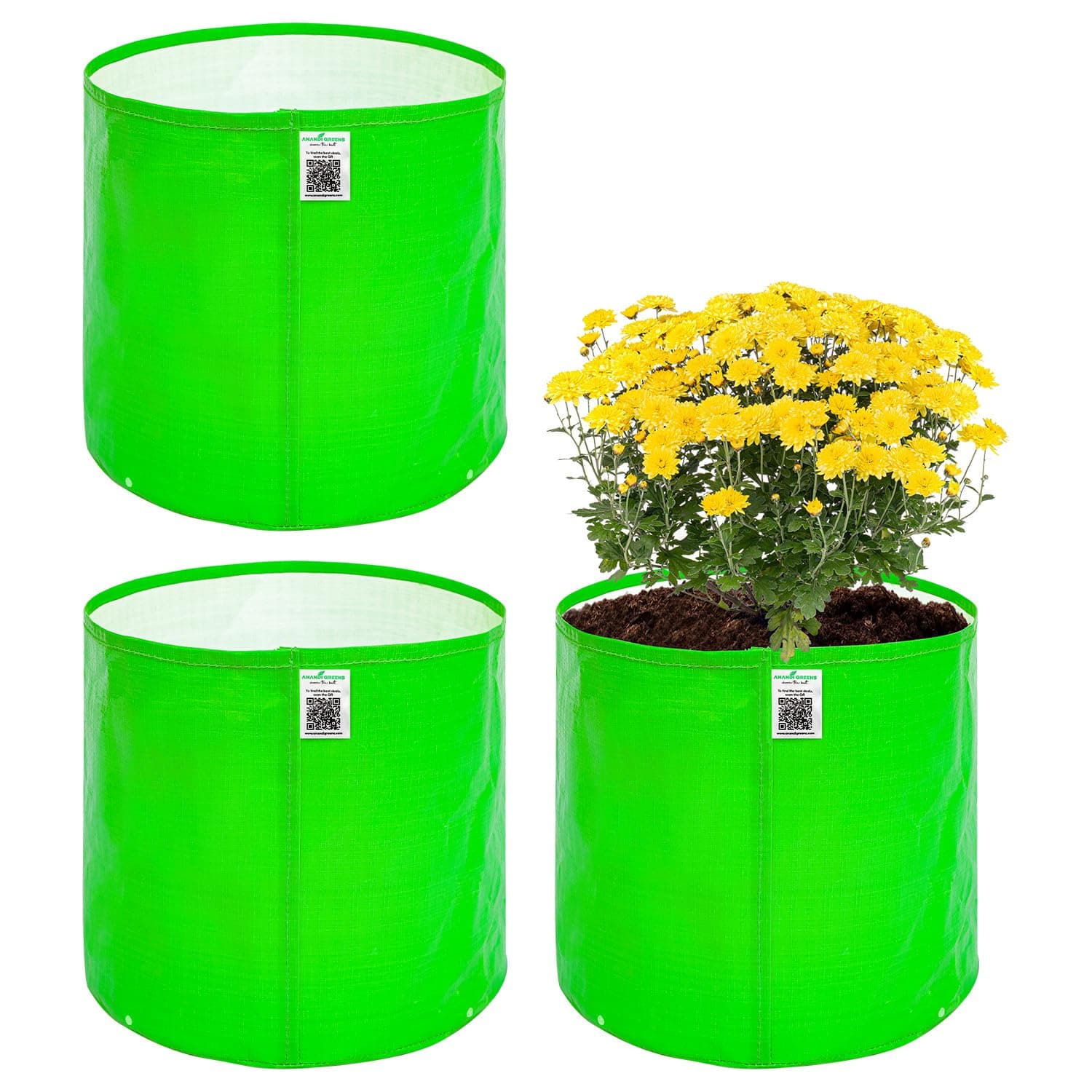 Anandi Green's Premium HDPE Uv Protected 260 GSM Round Shaped Green Colour Grow Bags Suitable for Terrace and Vegetable Gardening 15x15 Inch Pack of 3 Plant Bags