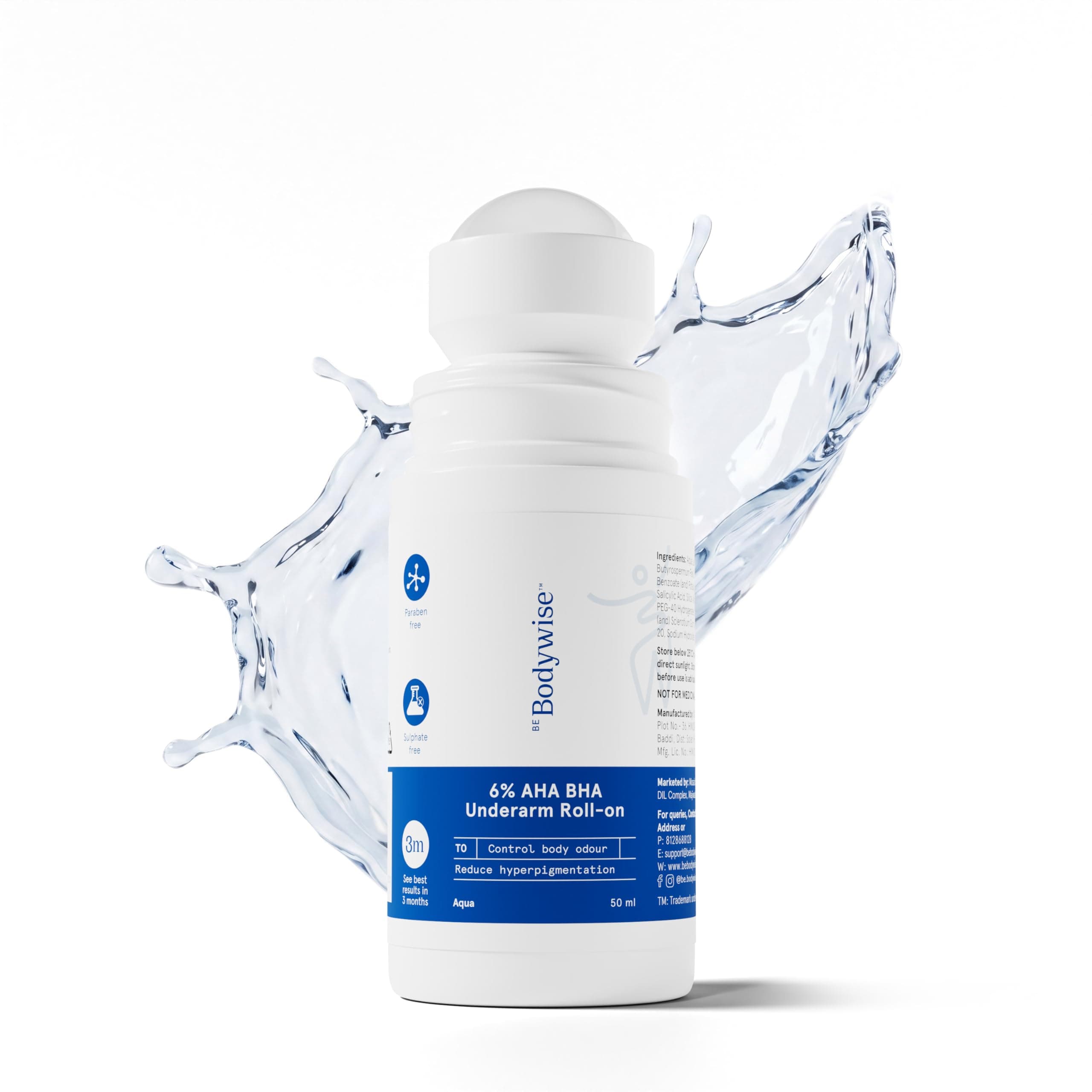 Be Bodywise 6% Aha Bha Underarm Roll On 50ml | 4% Lactic Acid, 1% Mandelic Acid, 1% Salicylic Acid | Controls Odour & Reduces Pigmentation for even tone skin | 0% Alcohol & 0% Aluminium | Aqua Fragrance