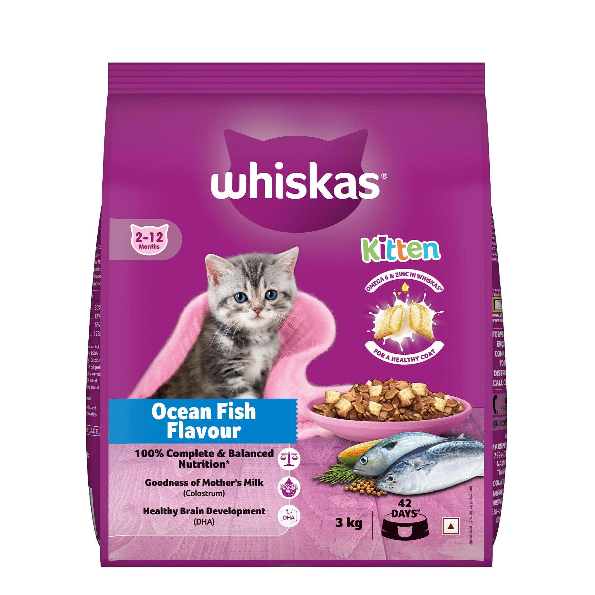 Whiskas Junior Mother Cat & Kitten (2-12 Months) Dry Cat Food, Ocean Fish Flavour, 3kg, Contains 41 Essential Nutrients, Complete & Balanced Nutrition for Mother Cats & Kittens