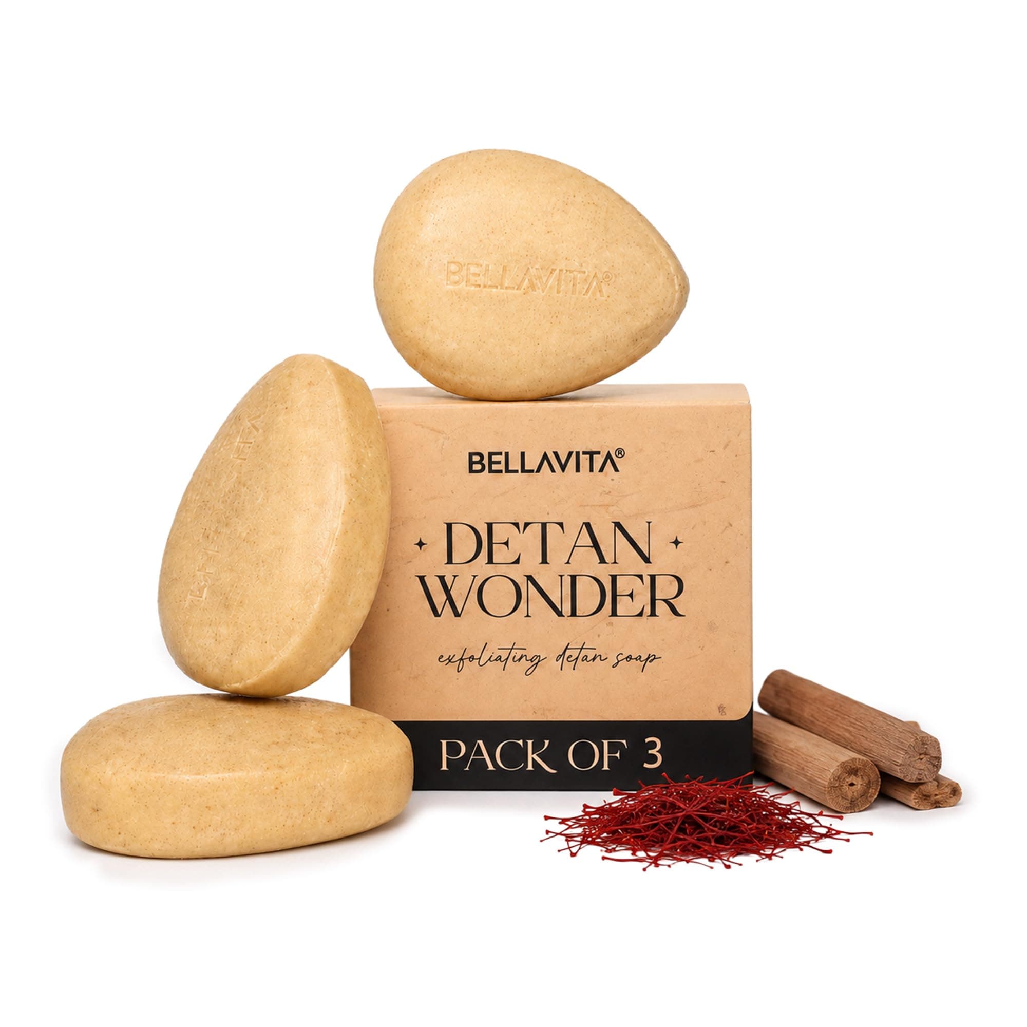 Bellavita De-Tan Wonder Soap | Pack of 3 x 100g | Exfoliating Face & Body Soap for Tan Removal | Enriched with Kojic Acid, Jojoba Oil & Alpha Arbutin | Paraben & Mineral Oil Free