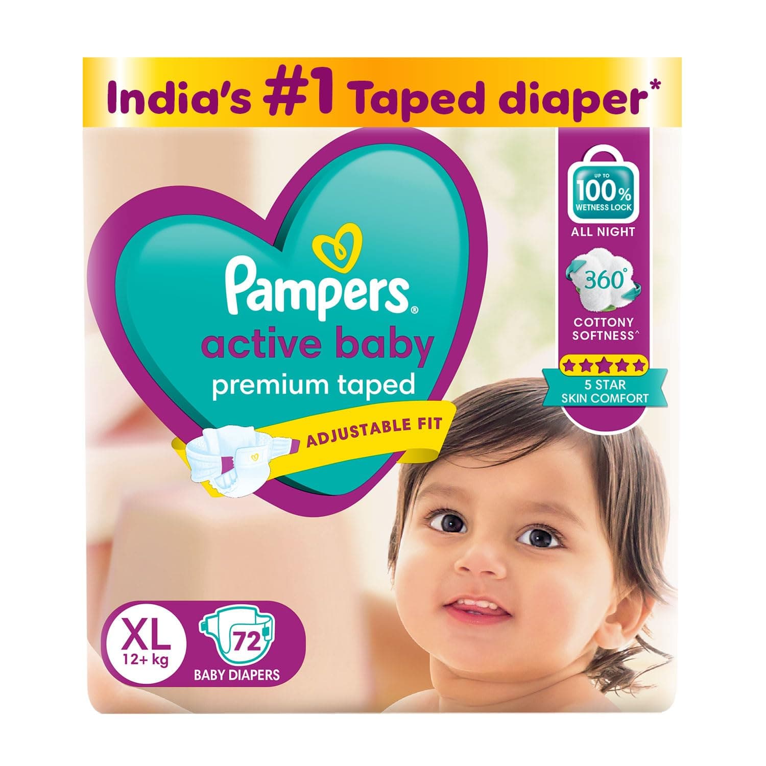 Pampers Active baby Tape Style Baby Diapers, Large (XL), 72 Count, 12+ kg, Adjustable Fit with 5 Star Skin Protection Diapers