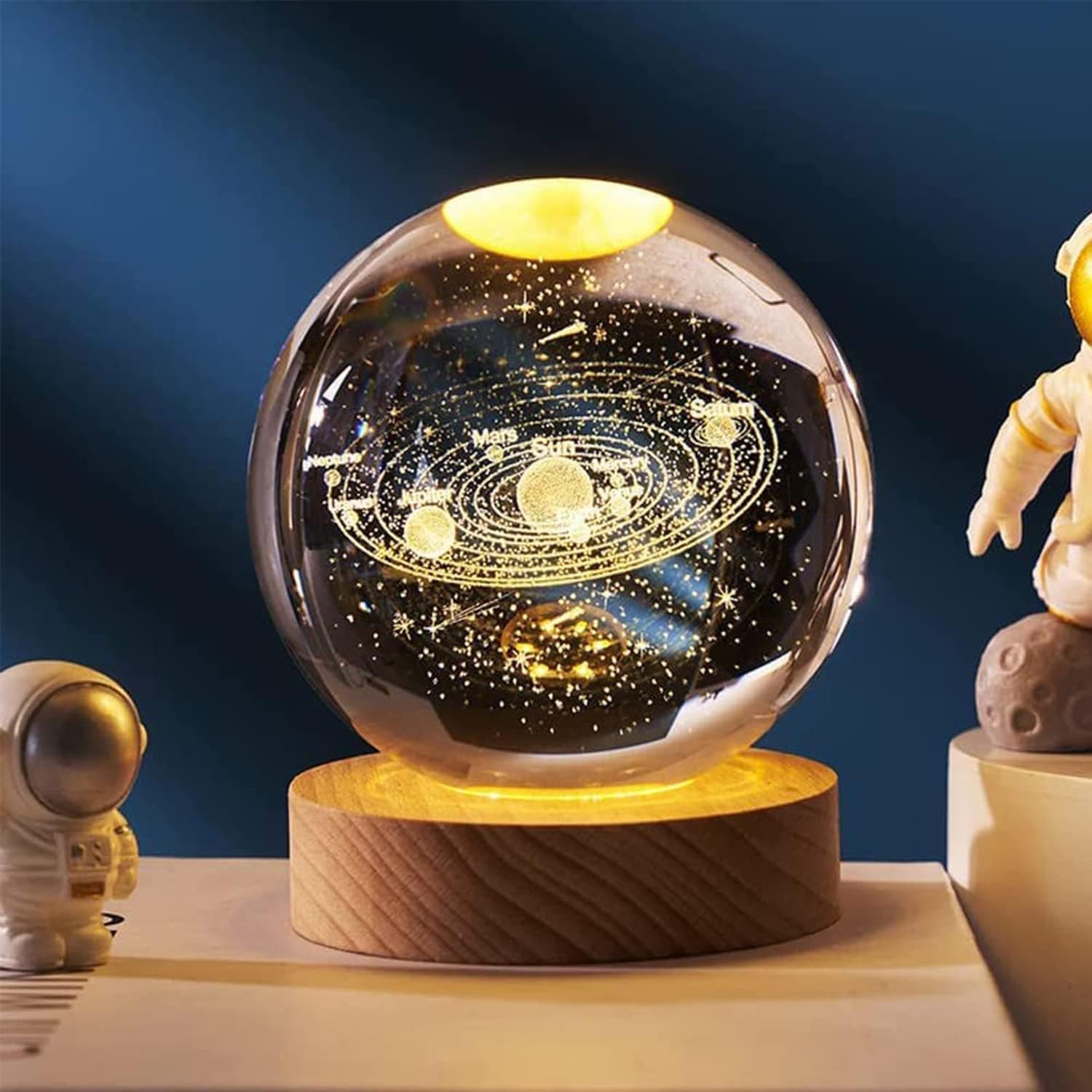 One94Store 3D Solar Planet Crystal Ball LED Night Lamp, Creative Engraved Night Light Wooden Base, Warm White Decorative Table Lamp for Home, Office, Bedroom, Birthday Gift (Solar Planet)