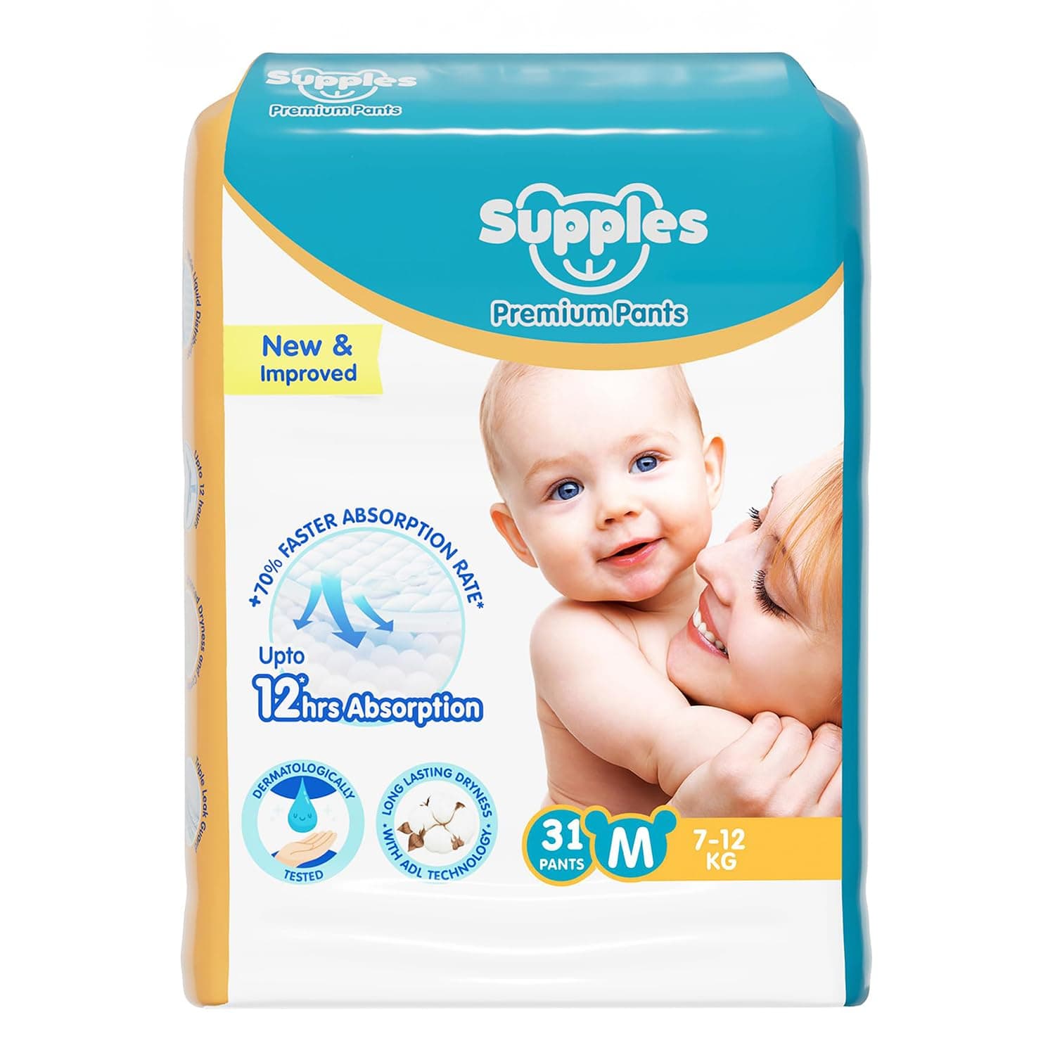 Amazon Brand - Supples Premium Baby Diaper Pants | 31 Baby Diapers | Medium | 7-12 Kg | 12 Hrs Absorption | Cushiony Cotton Soft Fabric | Phthalates-Free | Triple Leak Guard