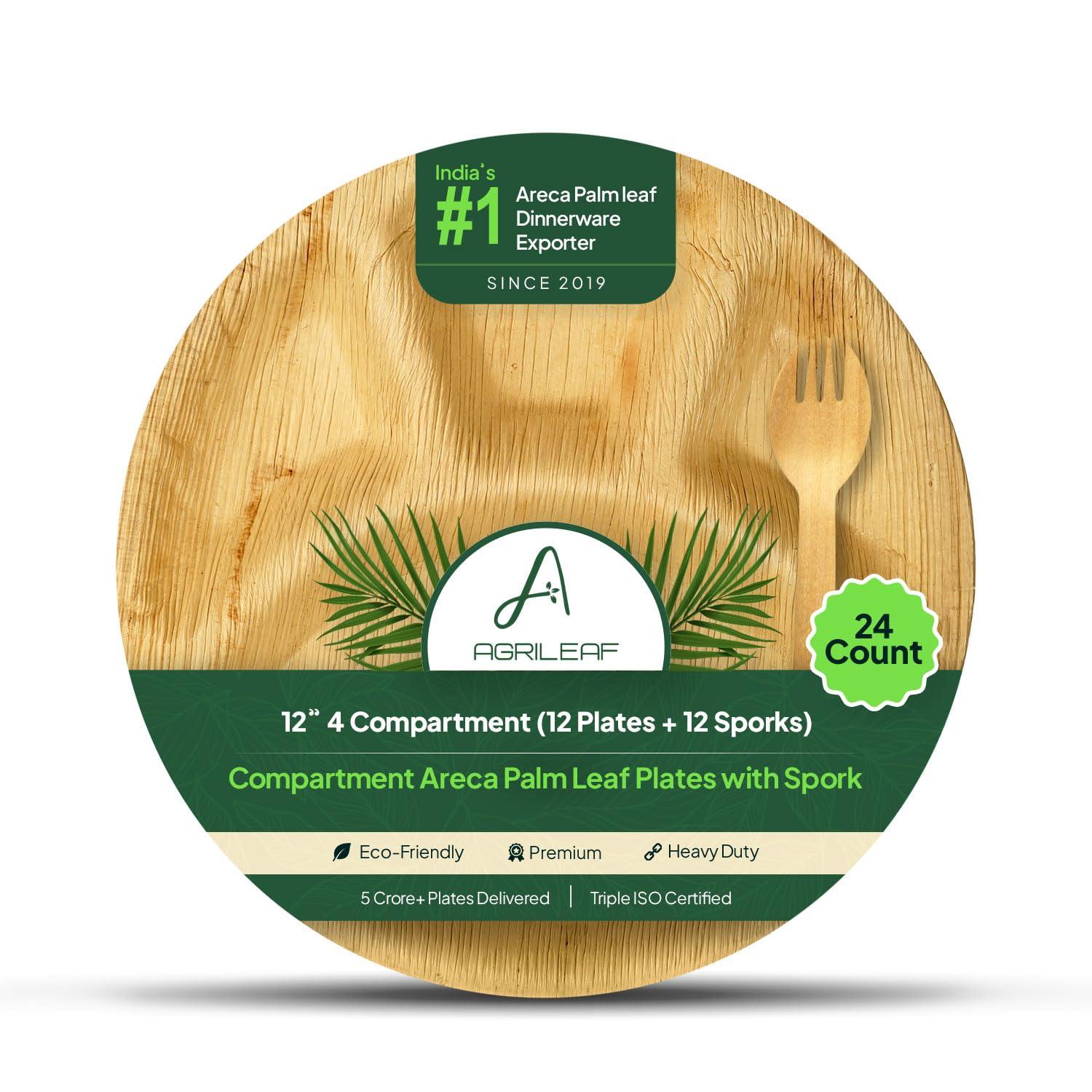 AGRILEAF 12" 4 Compartment Areca Palm Leaf Plates with Spork | 24 Pack (12 Plates + 12 Sporks) | Eco-Friendly, Compostable, Strong & Sturdy | Use & Throw Dinnerware for Party, Wedding, Events