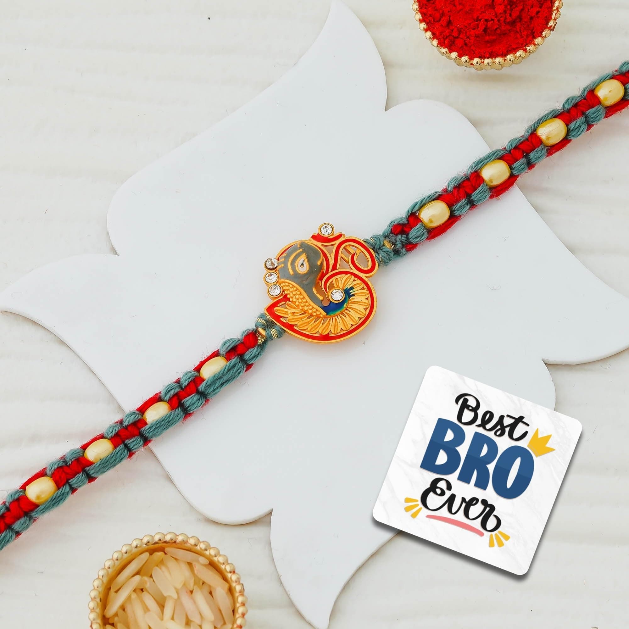 eCraftIndia Lord Ganesha Om Rakhi for Brother with Gift Combo Set | Designer Raksha Bandhan Rakhi for Bhai Bhaiya Kids | Best Bro Ever Fridge Magnet | Roli Chawal Pack