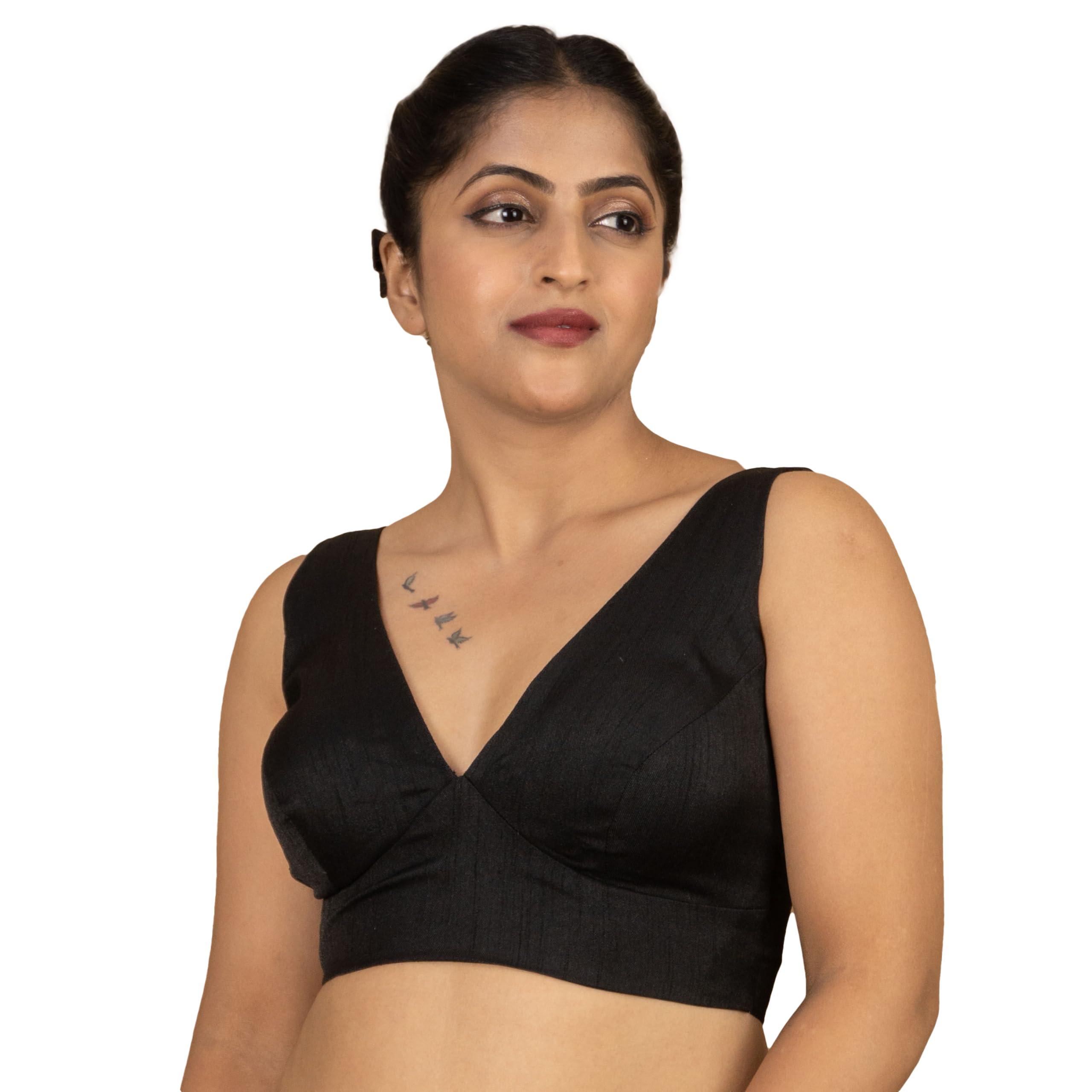 FIGURE'S DESIGNER Women Silk Sleeveless V Neck Sabyasachi Cut Readymade Saree Blouse Padded Stitched Lining Designer Indian Festive Blouse | S4 (Black, 32)