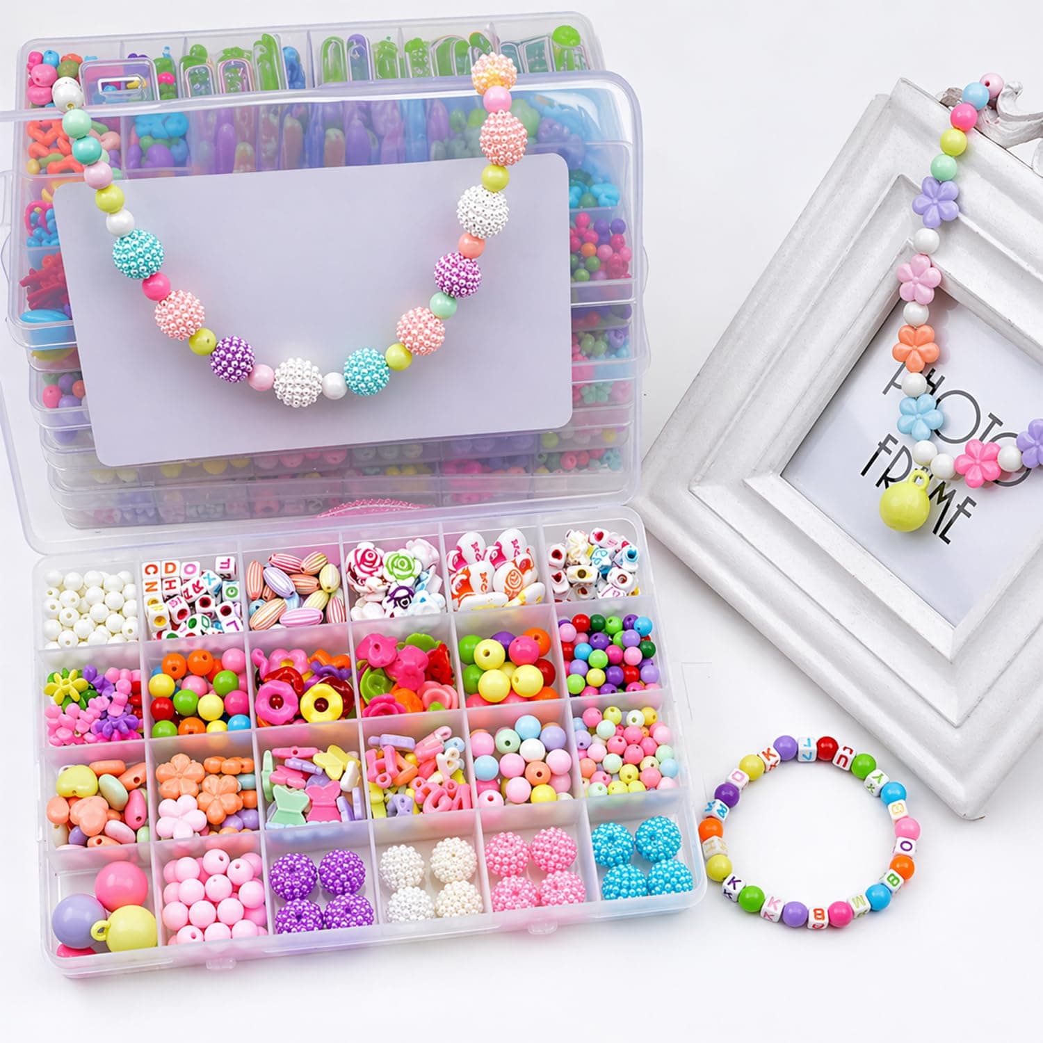 SYGA Plastic Beads for Kids Crafts Children's Jewelry Making Kit DIY Bracelets Necklace Hairband and Rings Craft Kits Birthday for 4, 5, 6, 7-Year-Old Little Girls(DIYBeadsSet-2) Multicolor