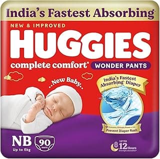 Huggies Complete Comfort Wonder Pants | Pant Style Baby Diapers Newborn Size (NB/XS), 90 Count | India's Fastest Absorbing Diaper, Prevents Diaper Rash, Ideal for 0-5 Kgs