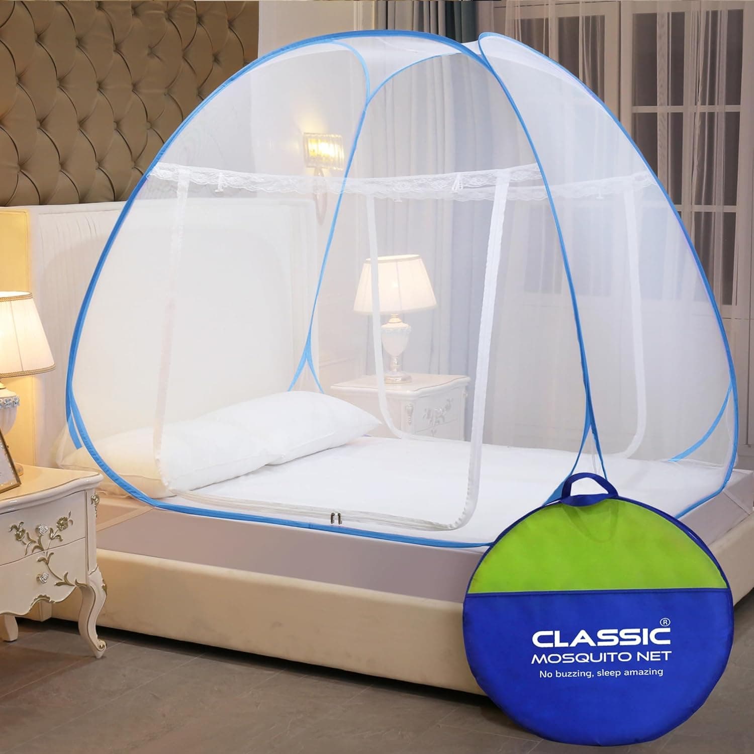 Classic Mosquito Net for Double Bed | Queen Size Foldable Machardani | Polyester 30GSM Strong Net | PVC Coated Corrosion Resistant Steel Wire - Blue