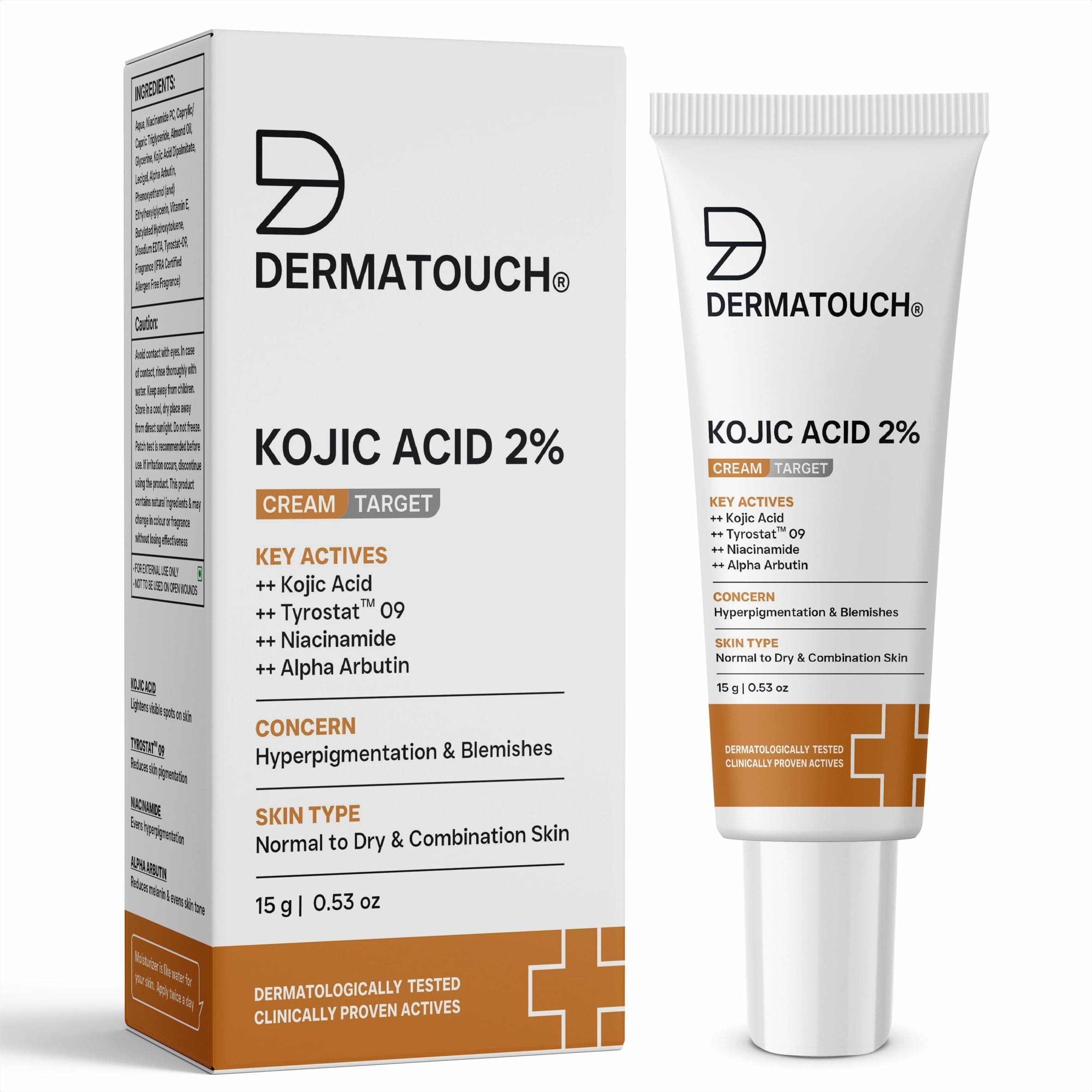 DERMATOUCH Kojic Acid 2% Brightening Cream with Niacinamide & Tyrostat | For Pigmentation, Blemishes, Dark Spots & Hyperpigmentation | Non-Greasy | Dermatologist Tested | 15g