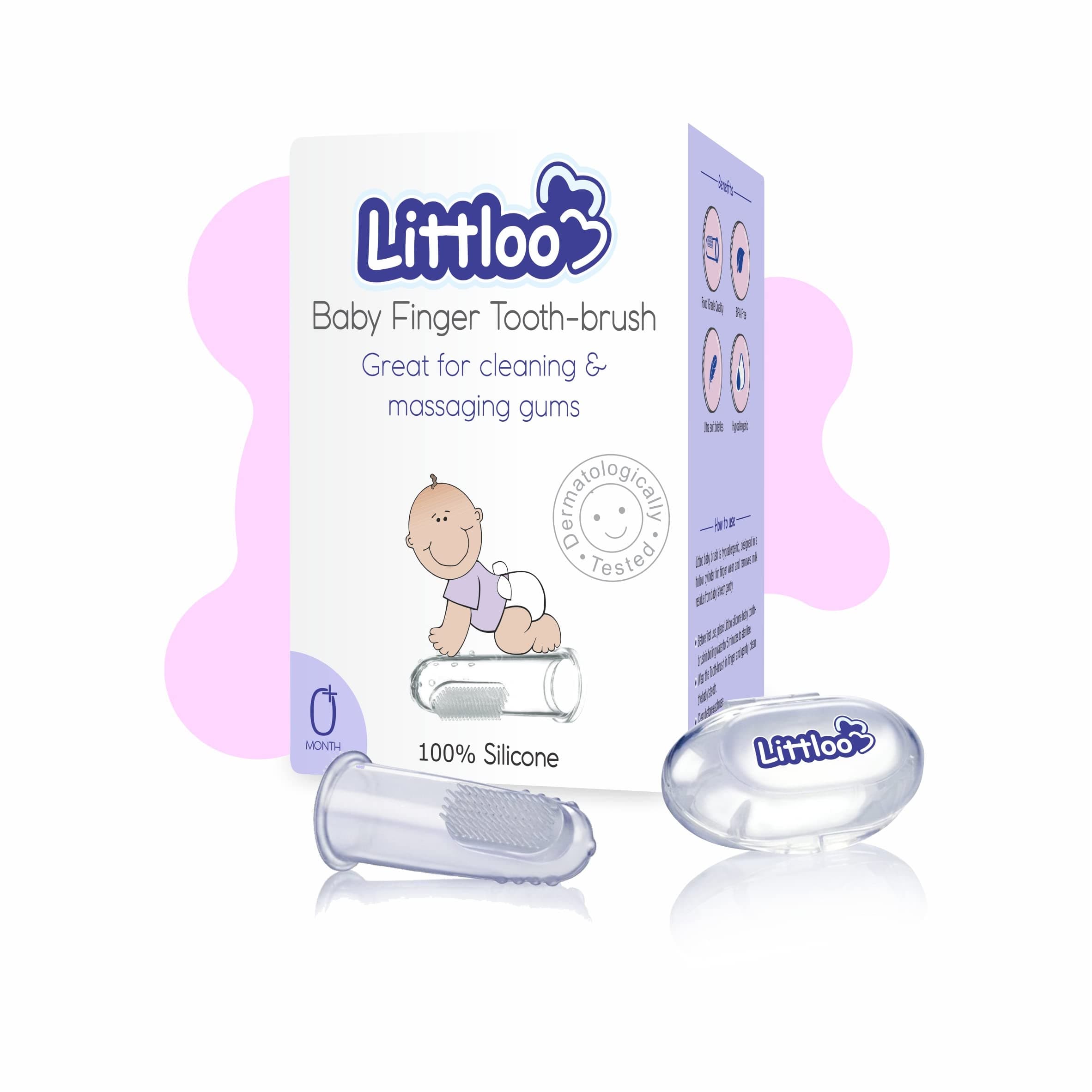 Littloo Baby Finger Toothbrush – 100% Silicone Infant Finger Brush for Cleaning & Massaging Gums – BPA Free – with Storage Case