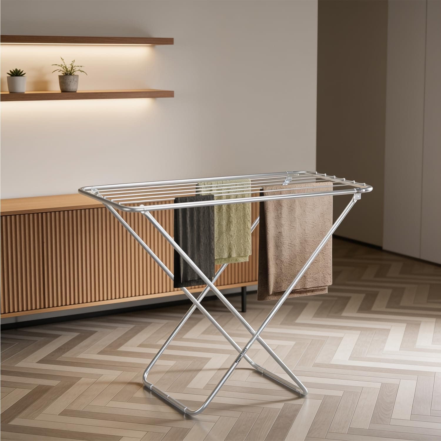 amazon basics Mild Steel Cloth Drying Stand - Folding, 30 Feet Drying Length, 8 Drying Rails, Lightweight (Silver)