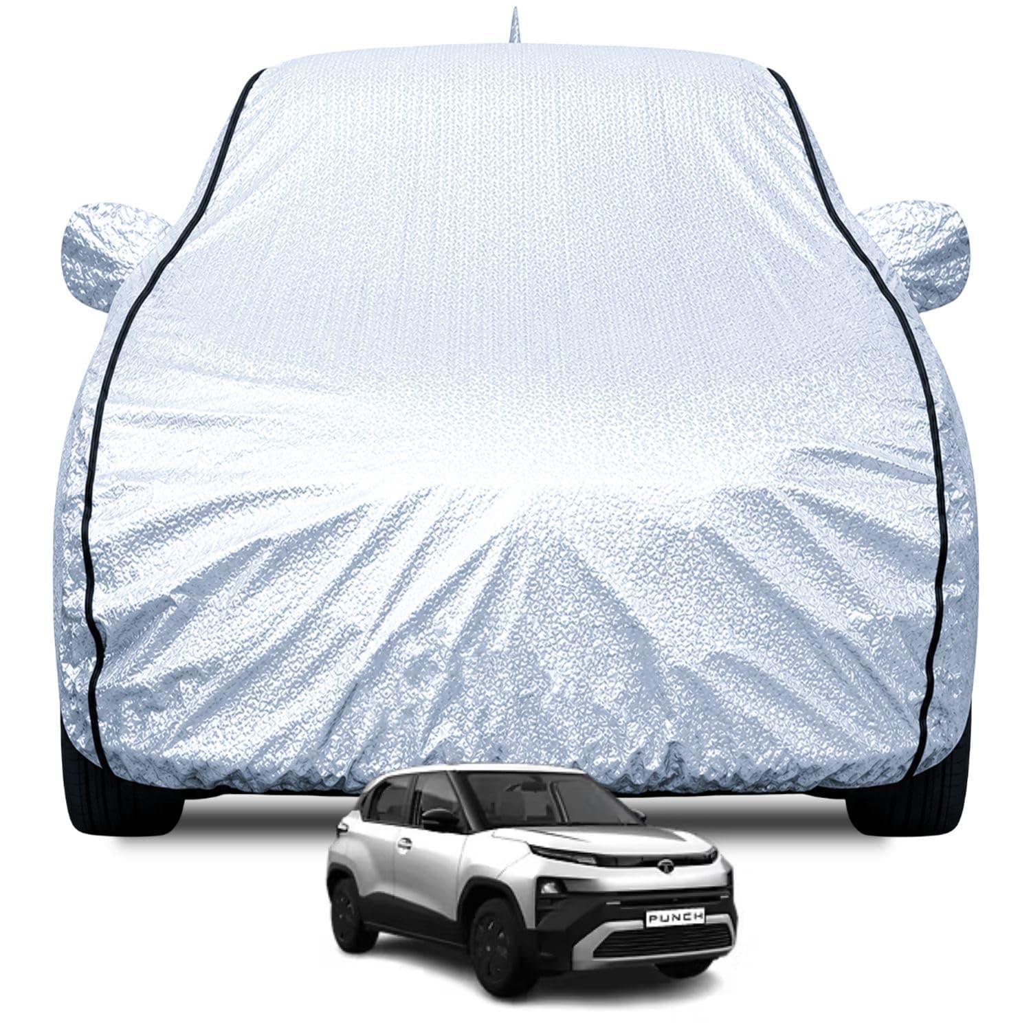 FABTEC Waterproof Car Body Cover for Tata Punch (2021-2023) with Mirror & Back Antenna Pocket, Soft Cotton Lining, Triple Stitched (Heat Resistant Metallic Silver with Black Piping)