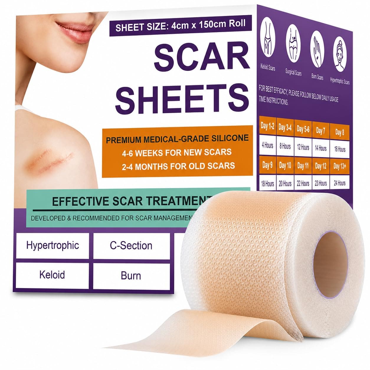 Silicone Scar Tape Scar Sheet - Upgrade Professional Medical Scar Removal Treatment, Non irritating, Painless for C-Section, Surgical Scars, Burn, Keloid, Acne (4cm x 150cm Roll) (Pack of 2)