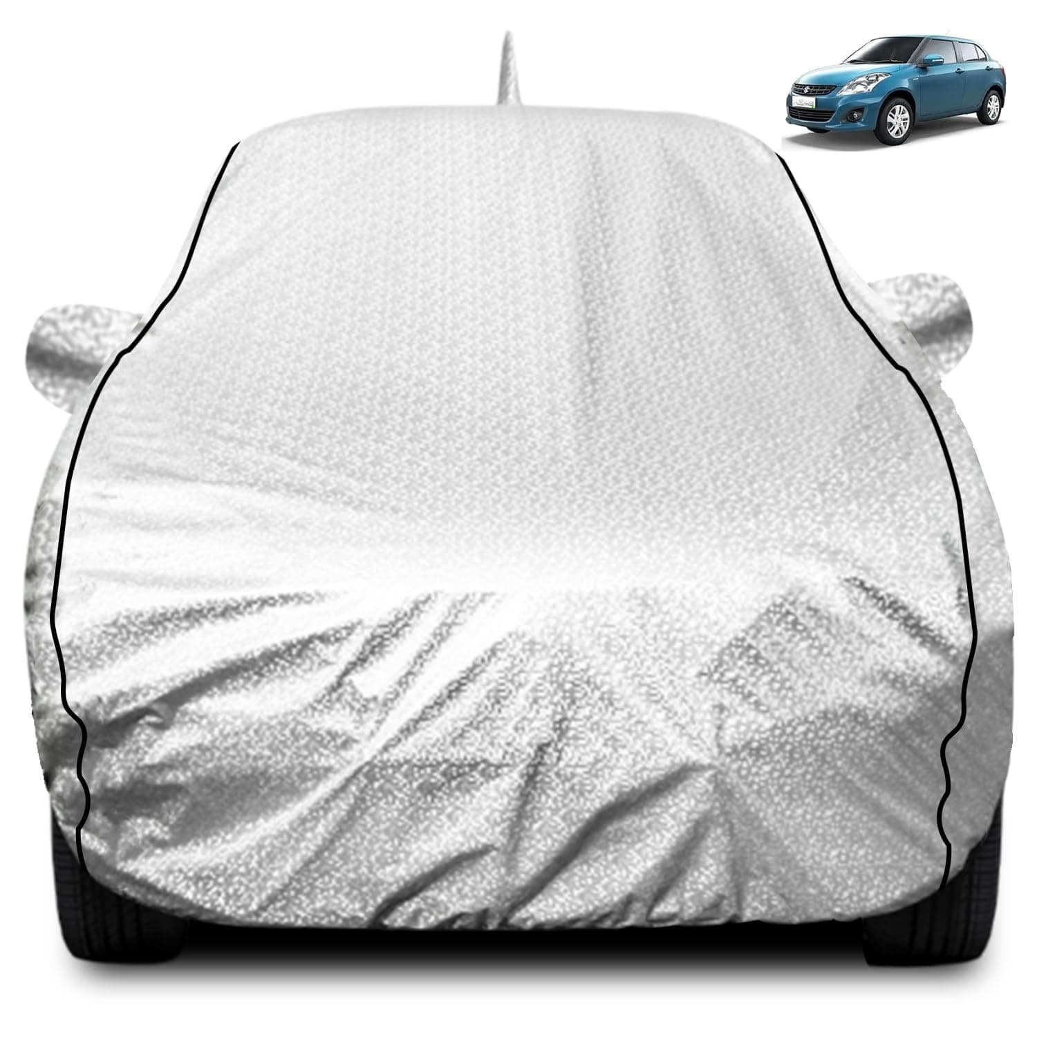 FABTEC Waterproof Car Body Cover for Maruti Dzire (2012-2016) with Mirror and Antenna Pocket, Soft Cotton Lining, Triple Stitched (Heat Resistant Metallic Silver with Black Piping)