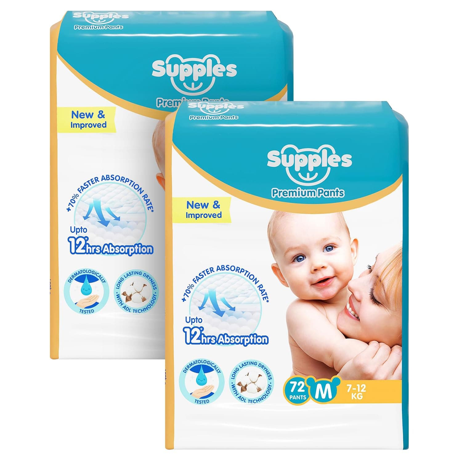 Amazon Brand - Supples Premium Baby Diaper Pants | 144 Baby Diapers | Medium | 7-12 Kg | 12 Hrs Absorption | Cushiony Cotton Soft Fabric | Phthalates-Free | Triple Leak Guard | 72 Count, Pack of 2