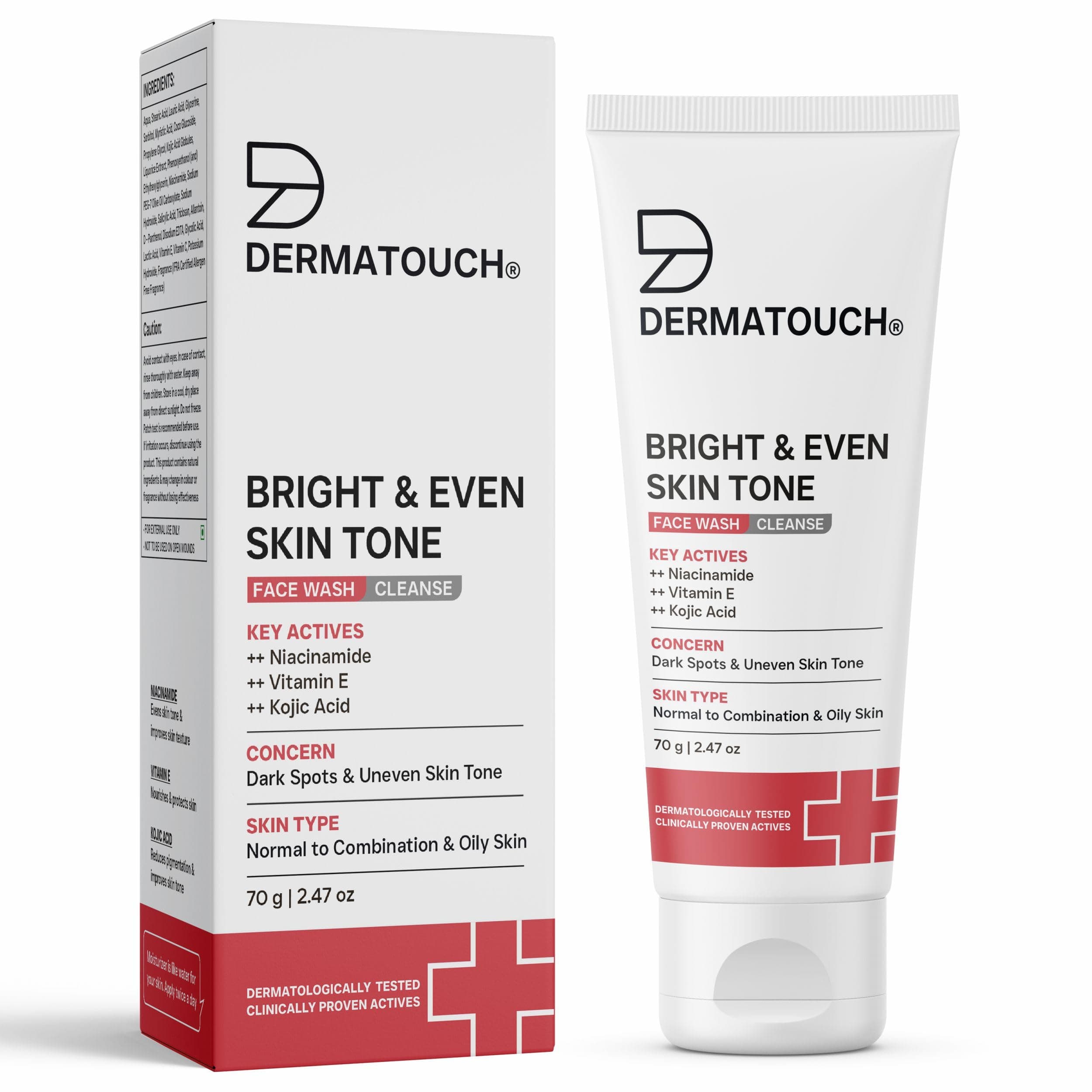 DERMATOUCH Bright & Even Tone Face Wash with Niacinamide, Vitamin E and Kojic Acid | For Tan, Pigmentation Dark Spots & Uneven Skin Tone | Oil Control | Dermatologist Tested | For Men & Women | 70g