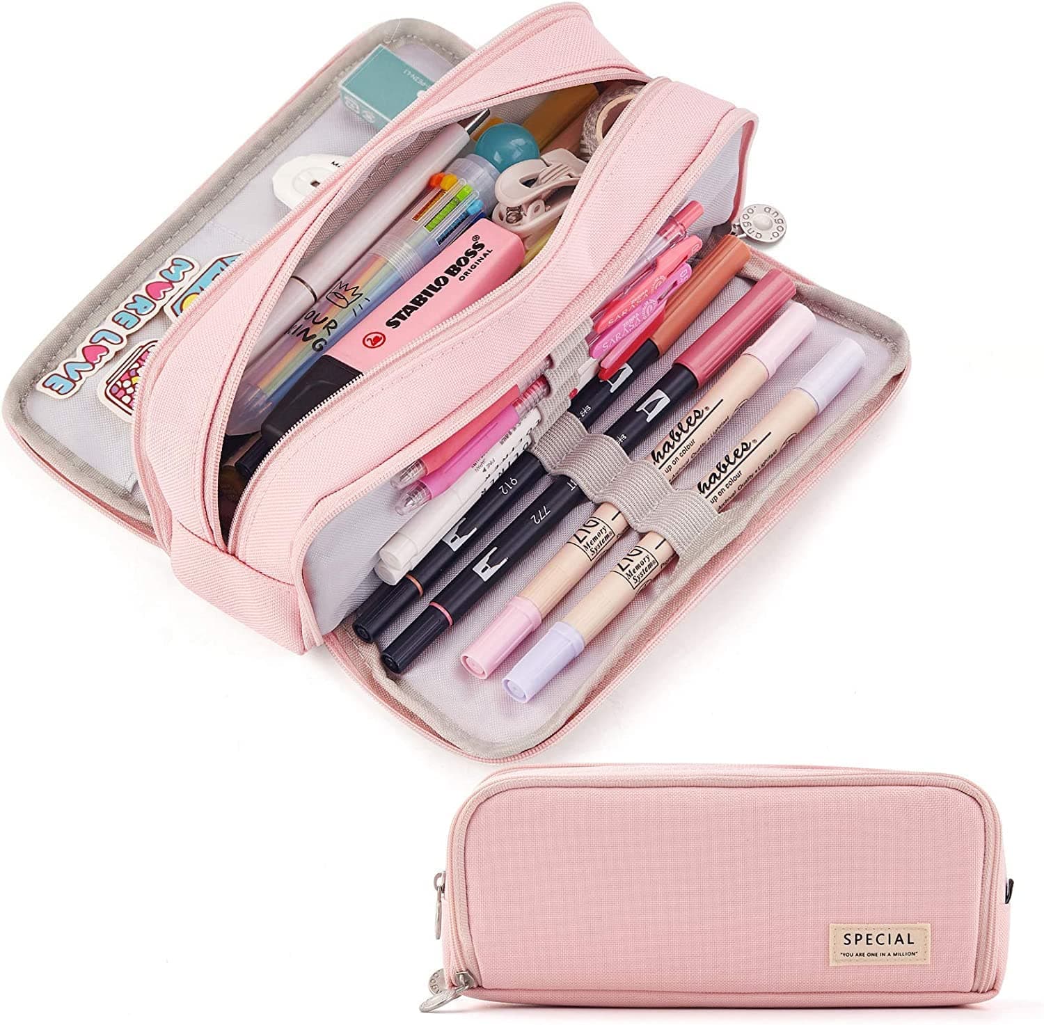 FINEMOE Canvas Large Capacity Pencil Pouch for School Girls & Boys, 3 Compartment Pencil Case, Aesthetic Stationery Pouch, Pen Organizer for School, College & Office, Pink
