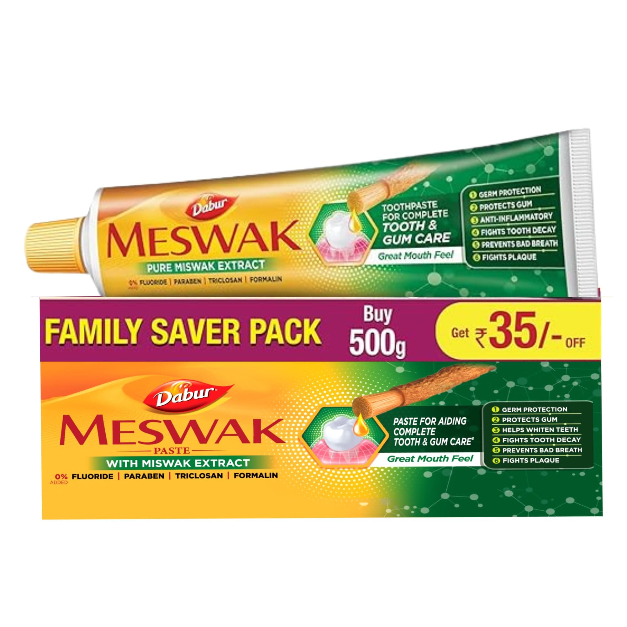 Dabur Meswak Complete Oral Care Toothpaste - 500g (2 x 200g + 1 x100g) | Complete Oral & Gum Care Toothpaste | Contains Pure & Rare Miswak extract | No added Fluoride, Paraben, Triclosan & Formalin