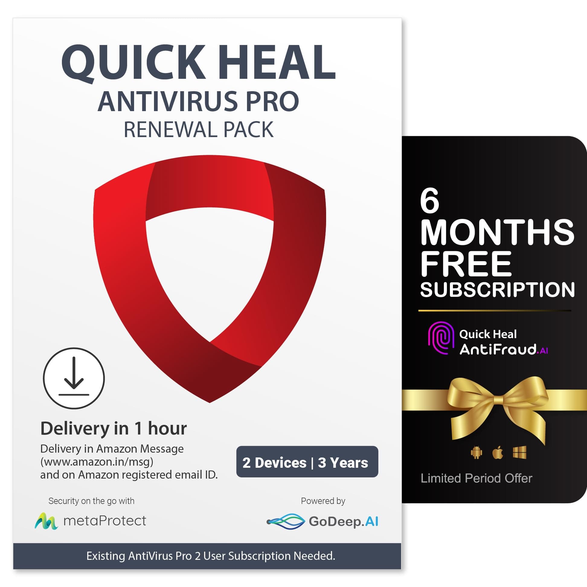 Quick Heal Antivirus Pro Renewal | Windows PC/Laptop | 2 User, 3 Year | Existing 2 User AV Pro Subscription Required (SINGLE CODE) | Email Delivery in 1 hr |+ 6 month AntiFraud.AI for IOS/Android
