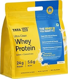 Tata 1mg Ultra Clean Whey Protein Isolate + Concentrate - Vanilla Bean 1kg | 24g Protein, 5.6g BCAA & 30B CFU Probiotics-28 Sachets