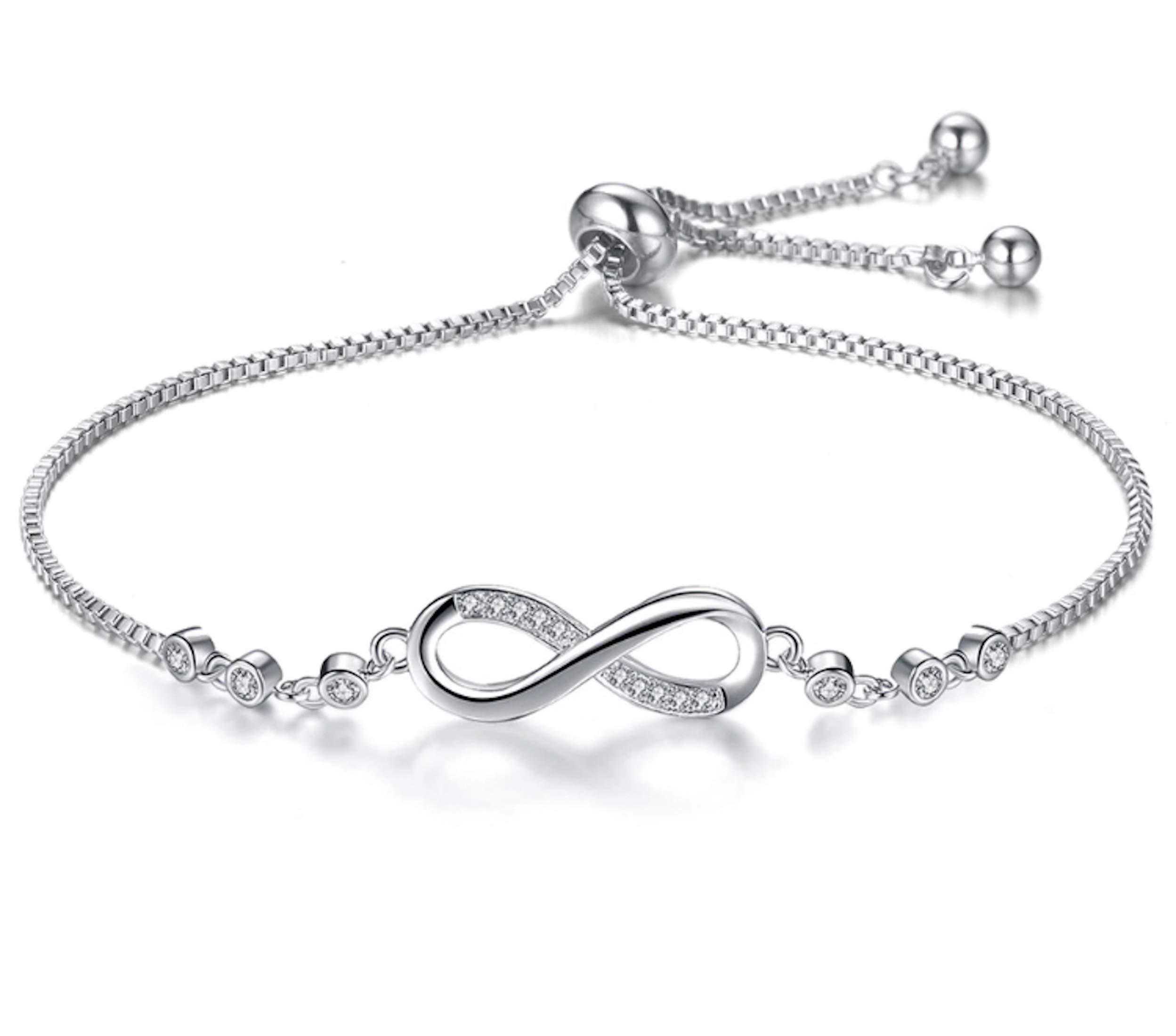 Nilu's Collection Infinity Shape Cubic Zirconia Diamond Bracelet for Women, Jewelry for Gift, Adjustable Charm Bracelet (Silver)