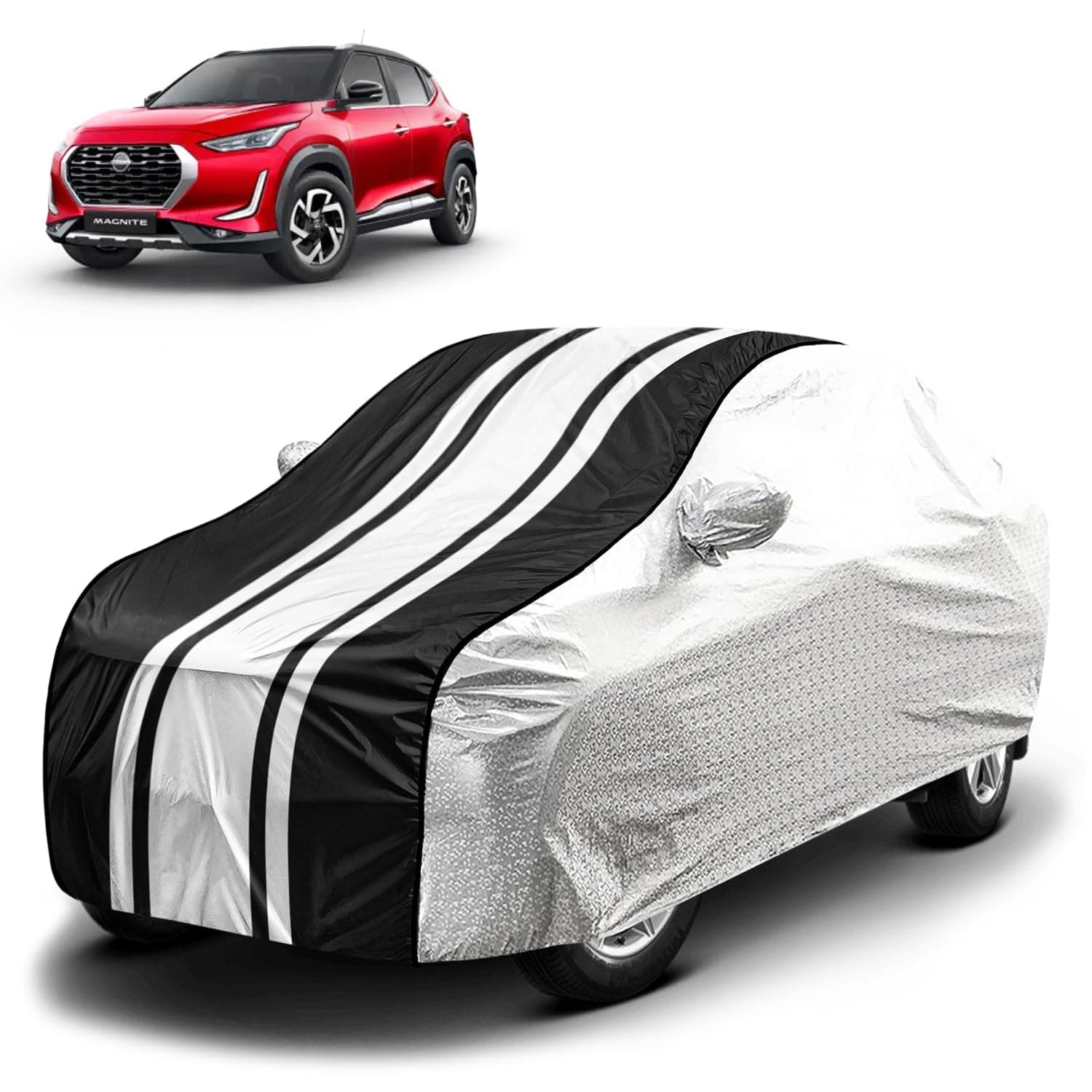 Fabtec Waterproof Car Body Cover for Nissan Magnite with Mirror Pocket and Soft Cotton Lining, Bottom Elastic, Triple Stitched (Metallic Silver with Black Stripes) (No Antenna Pocket)