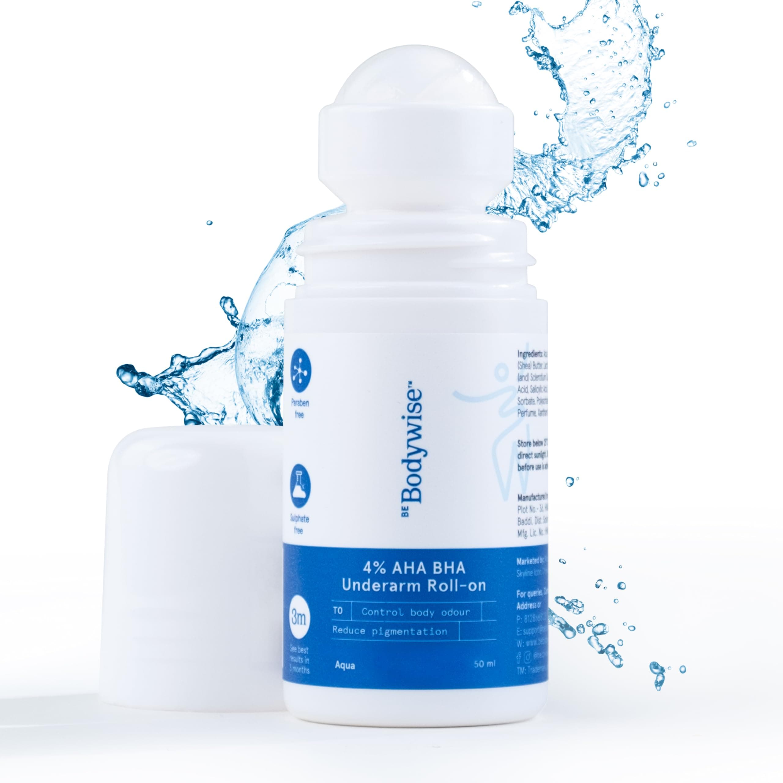 Be Bodywise 4% AHA BHA Underarm Roll-on for Even Tone Skin,Reduces Body Odor & Pigmentation | 2% Lactic Acid, 1% Mandelic Acid, 1% Salicylic Acid | 0% Alcohol & 0% Aluminium | Aqua Fragrance, 50ml