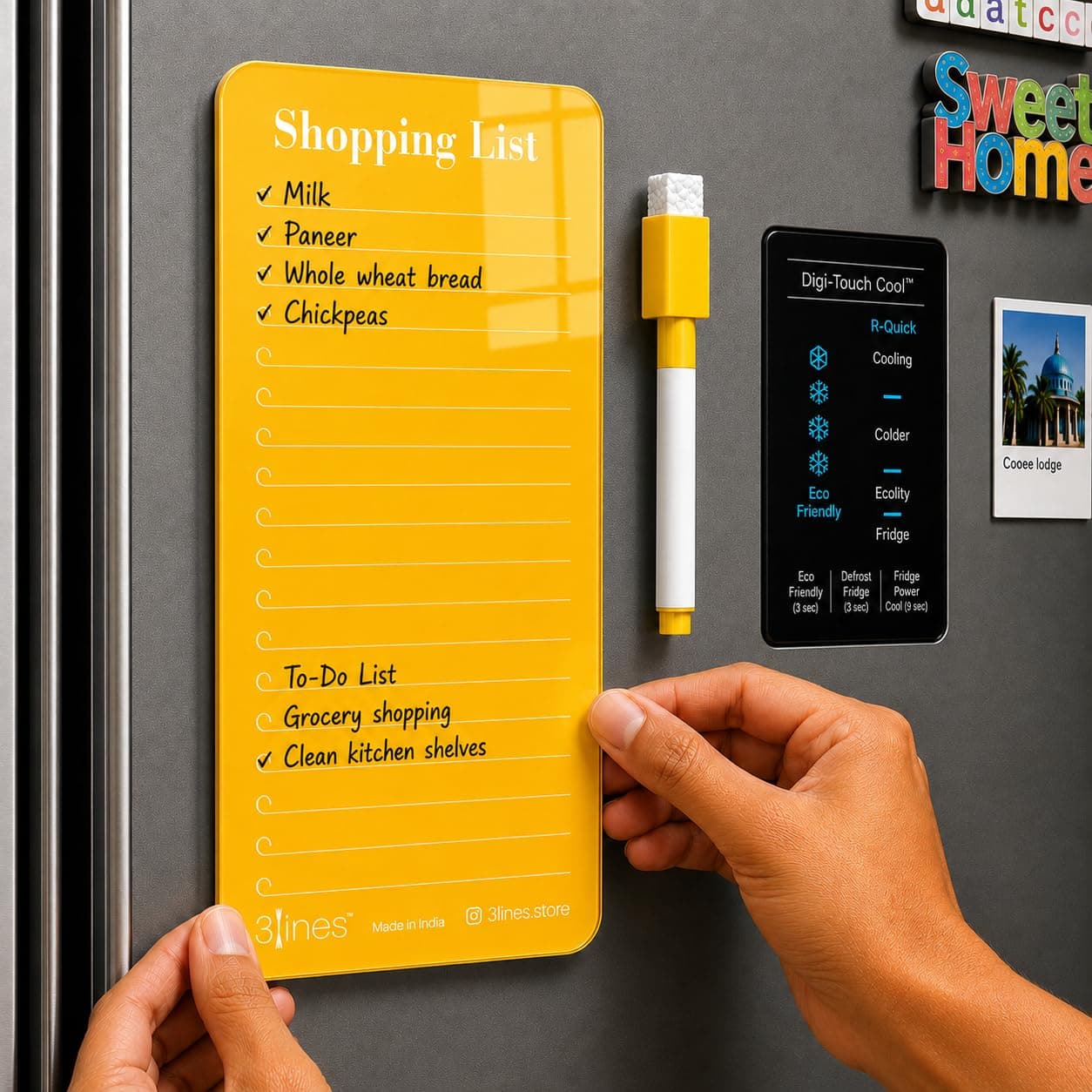 3 Lines Acrylic Magnetic Shopping List Notepad for Fridge │ To-Do List & Meal Planner │ Dry Erase Marker Included │ Kitchen Organisation │ 9 x 24 cm | Papaya color | Regular