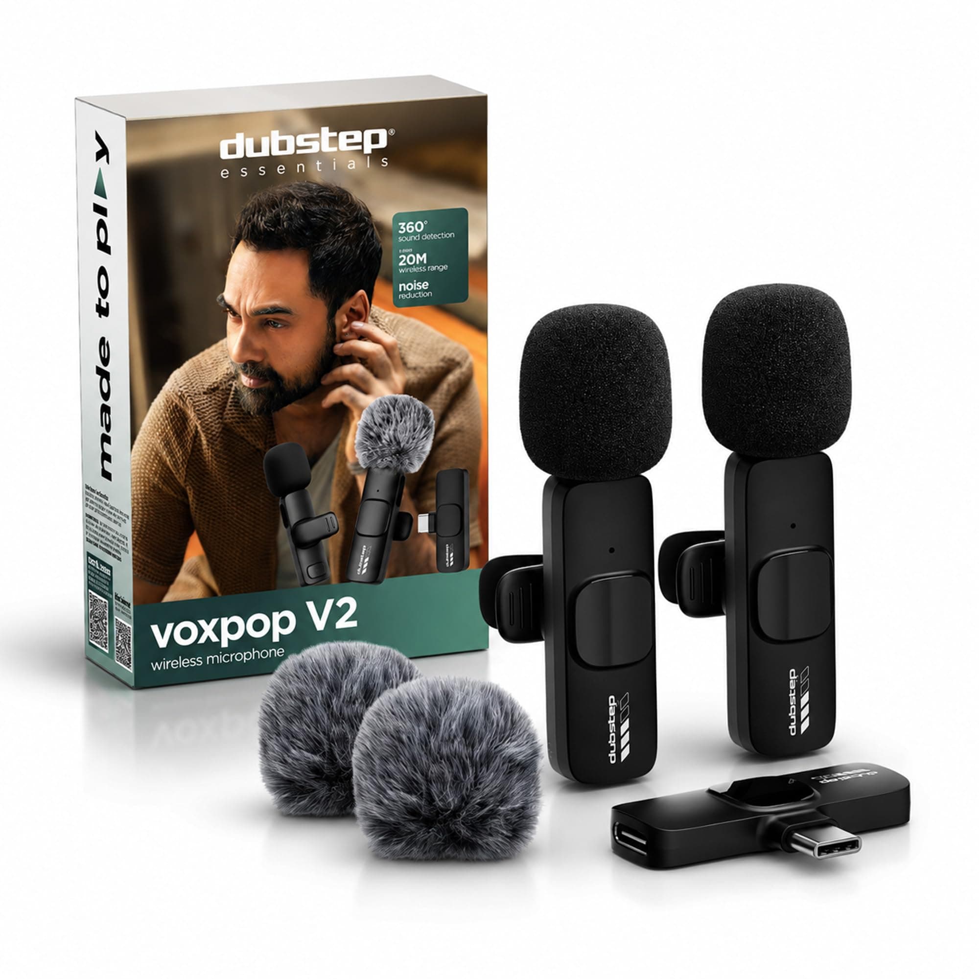 Dubstep Voxpop V2 Dual Wireless Microphone USB-C, Lavalier Mic with Noise Reduction, 20M Range, 6H Recording, Plug & Play for Reels, Vlogging, Podcast & Content Creation