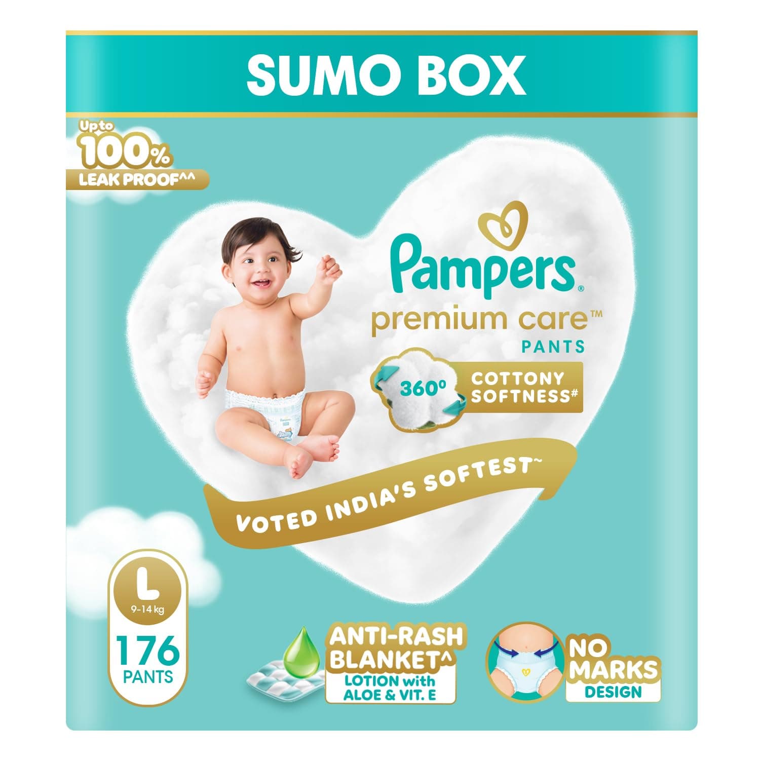 Pampers Premium Care Pant Style Baby Diapers L 176 Count | No Marks Design | Voted India’s #1 Softest Diaper | All in 1 diaper with 360 Cottony Softness