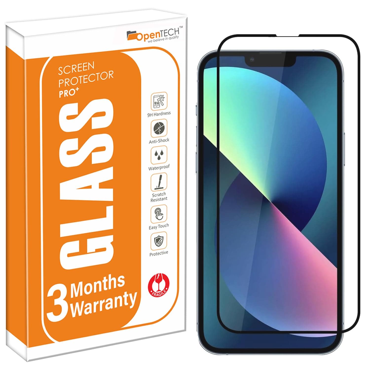 OpenTech® Military-Grade Premium Tempered Glass Screen Protector for iPhone 13/13 Pro / 14 / 16e / 17e with Edge to Edge Coverage - Case Friendly, Anti-scratch and Bubble free installation kit