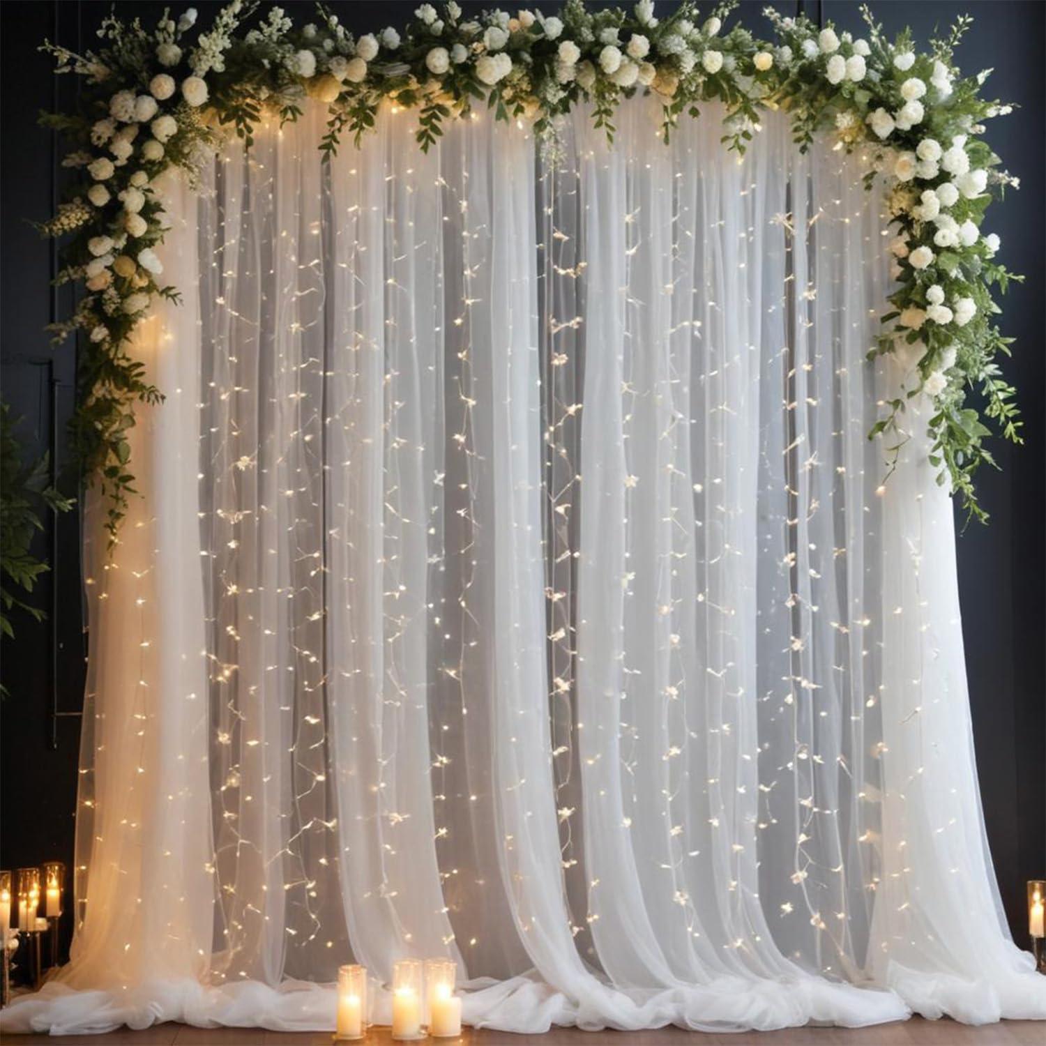 Party Propz White Net Curtain for Decoration - 6Pcs Birthday Backdrop with Fairy Lights, Ganpati Decoration, Varamahalakshmi Decorative Items, Pooja Backdrop Cloth, Anniversary Decorations Items