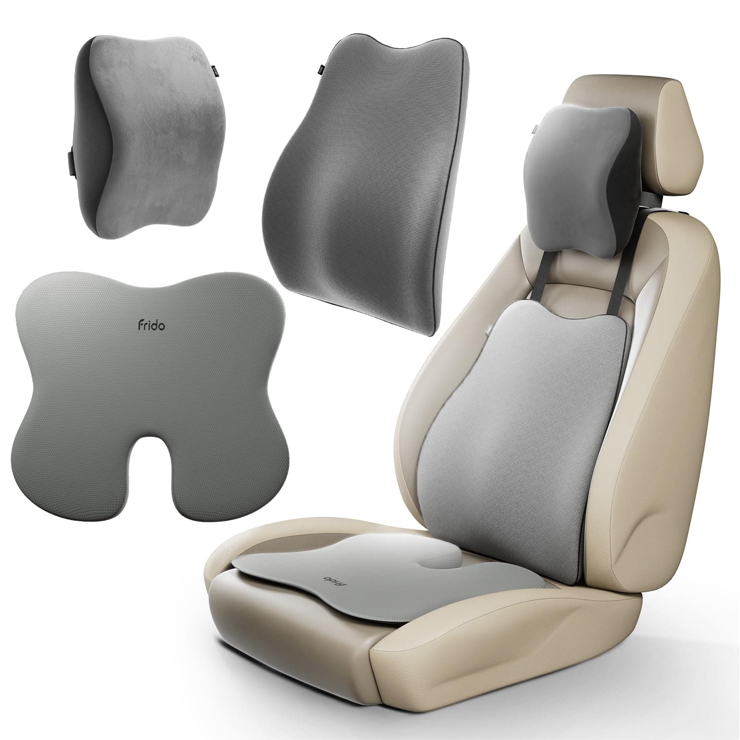 Frido Ultimate Car Comfort Combo | Neck Rest, Backrest & Wedge Seat Cushion Combo of 3 | Ergonomic Neck, Back & Seating Support | Driving & Daily Commutes | Posture Correction | Universal Fit | Grey