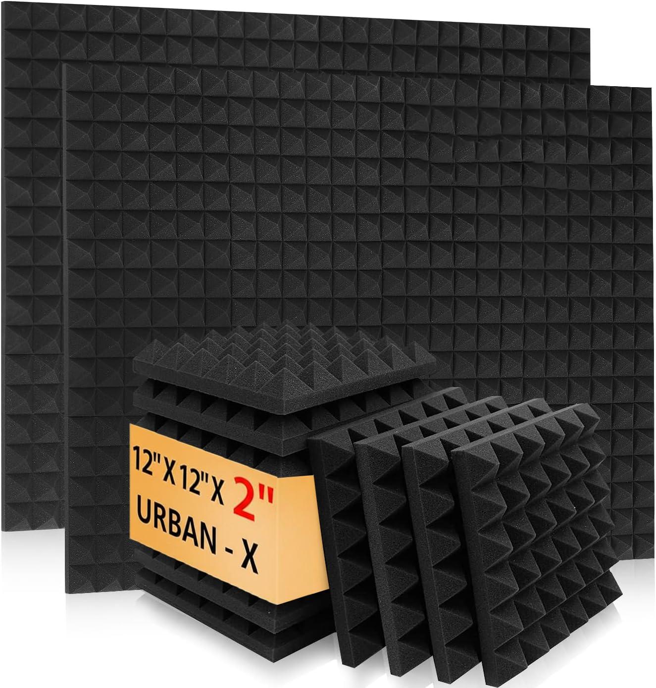 URBAN-X® Pyramid Acoustic Foam Soundproofing Studio 1'x1' ft. - 2 Inches High Density, Soundproof Foam, Noise Reduction Panels, Echo Absorption (Black, Set of 108)