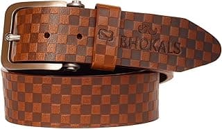 BHOKALS Men’s Genuine Leather Belt with Brown Checkerboard Pattern and Classic Metal Buckle | Stylish Durable Waist Belt for Casual & Formal Wear