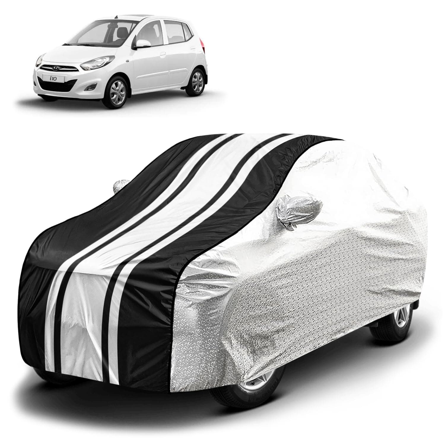 Fabtec Waterproof Car Body Cover for Hyundai i10 Old with Mirror Pocket and Soft Cotton Lining, Bottom Elastic, Triple Stitched (Metallic Silver with Black Stripes) (No Antenna Pocket)