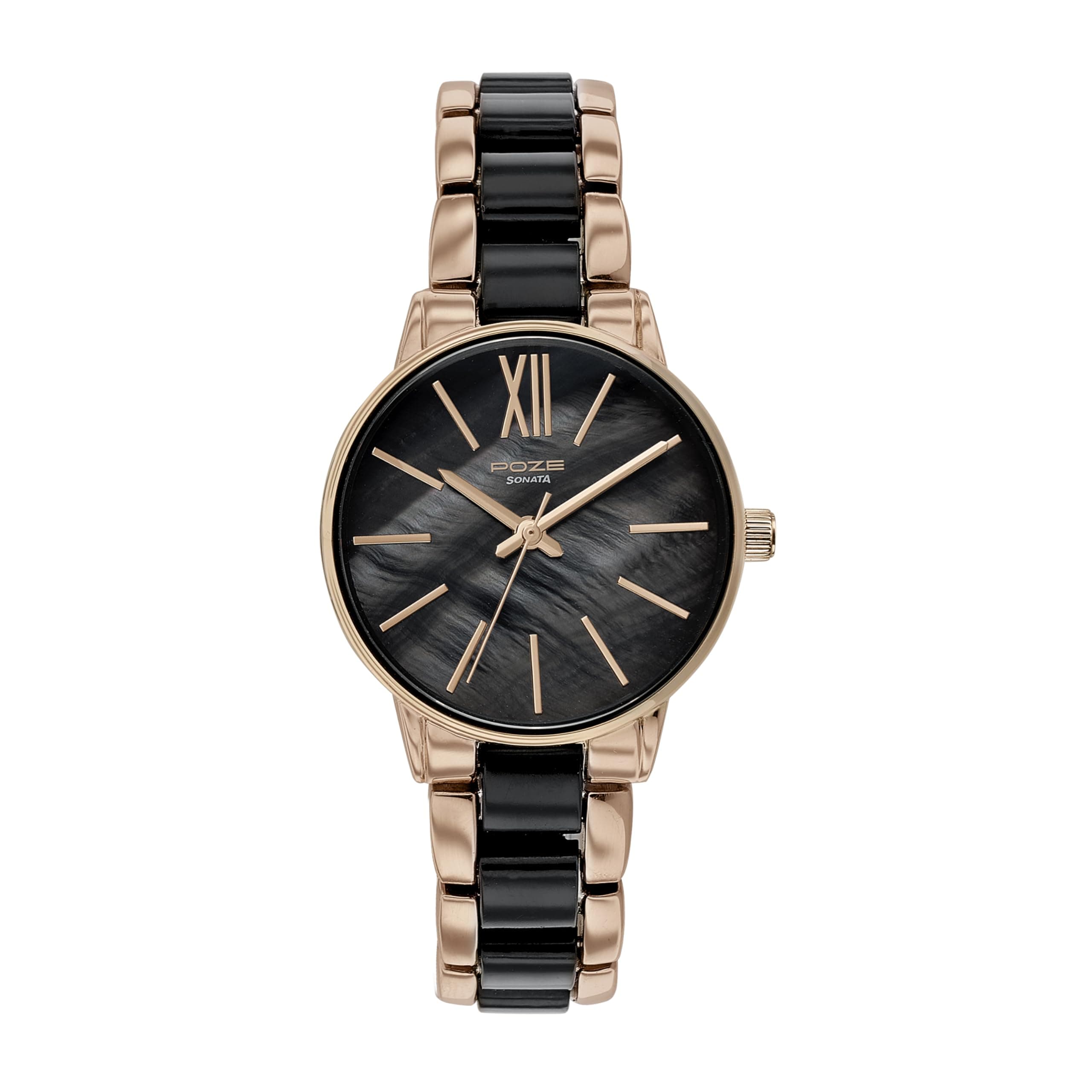 Sonata Poze Quartz Analog Mother of Pearl Dial Two Toned Black and Rose Gold Metal Strap Watch for Women - SP80051KD02W