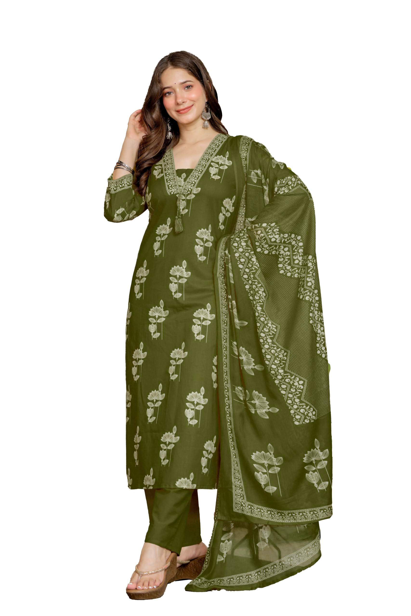PARTHVI Women's Pure Cotton Straight Kurta Set with Palazzo Pants & Dupatta|Ethnic wear|Kurta Set for Women Green