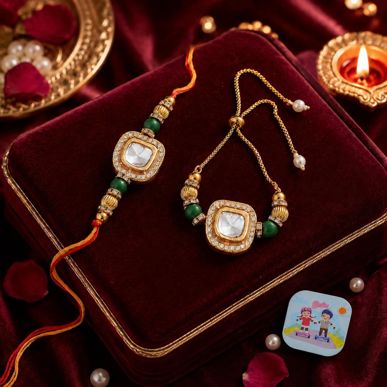 CraftVatika Designer Rakhi Set for Brother and Bhabhi, Rakhi with Magnet Gift, Couple Pair Rakhi for Bhaiya Bhai Bhabhi, Rakhi for Men Women, Fridge Magent for Door Decor