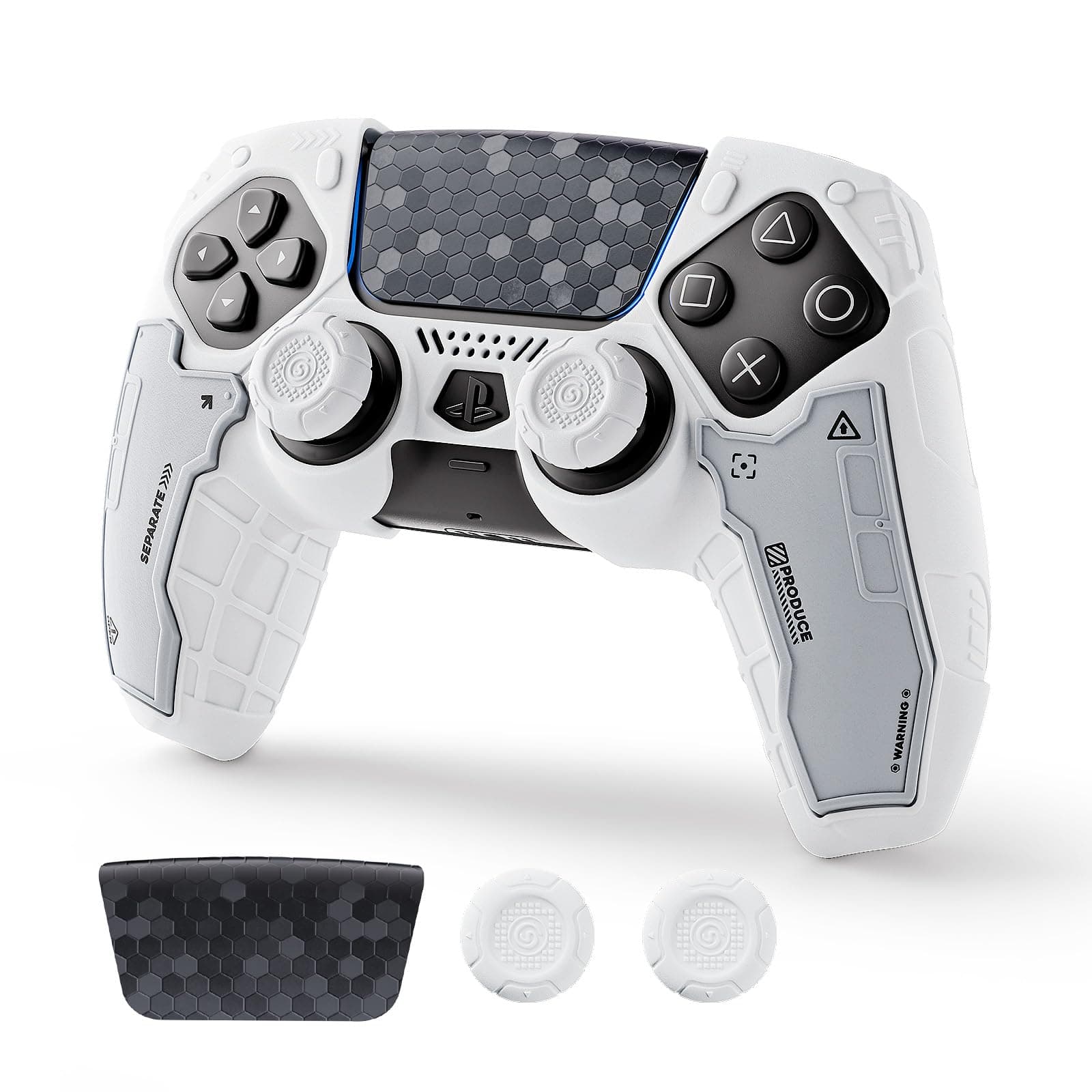 GeekShare G.S.TAC Tactical PS5 Controller Skin Set, Non-Slip Soft Silicone Protective Cover Case for PS5 Wireless Controller with 2 Thumb Grip Caps and 2 Stickers (White)