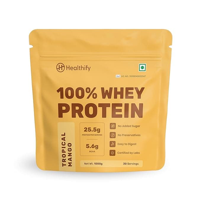 Healthifyme 100% Whey Protein Powder- 1 KG, Isolate & Concentrate, With Digestive Enzymes, 25.5gm protein, No added Sugar, Zero Preservatives, Muscle Support & Recovery (Mango)