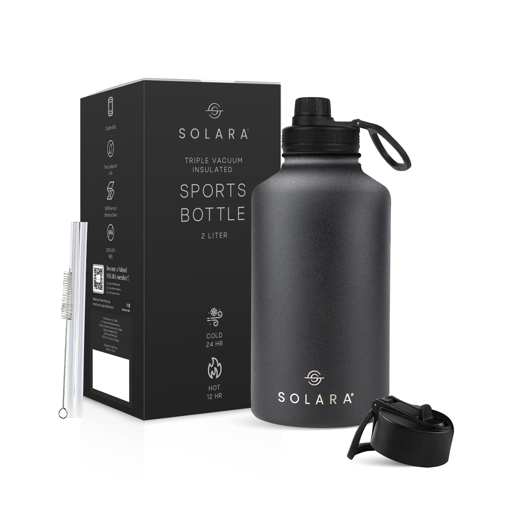 SOLARA Insulated Water Bottle 2000ml, Hot Water Bottle, Thermosteel Water Bottles for Travel, Home, Office, School, Gym, Adults, Water Bottle Hot and Cold, Sipper Bottle, Black Knight