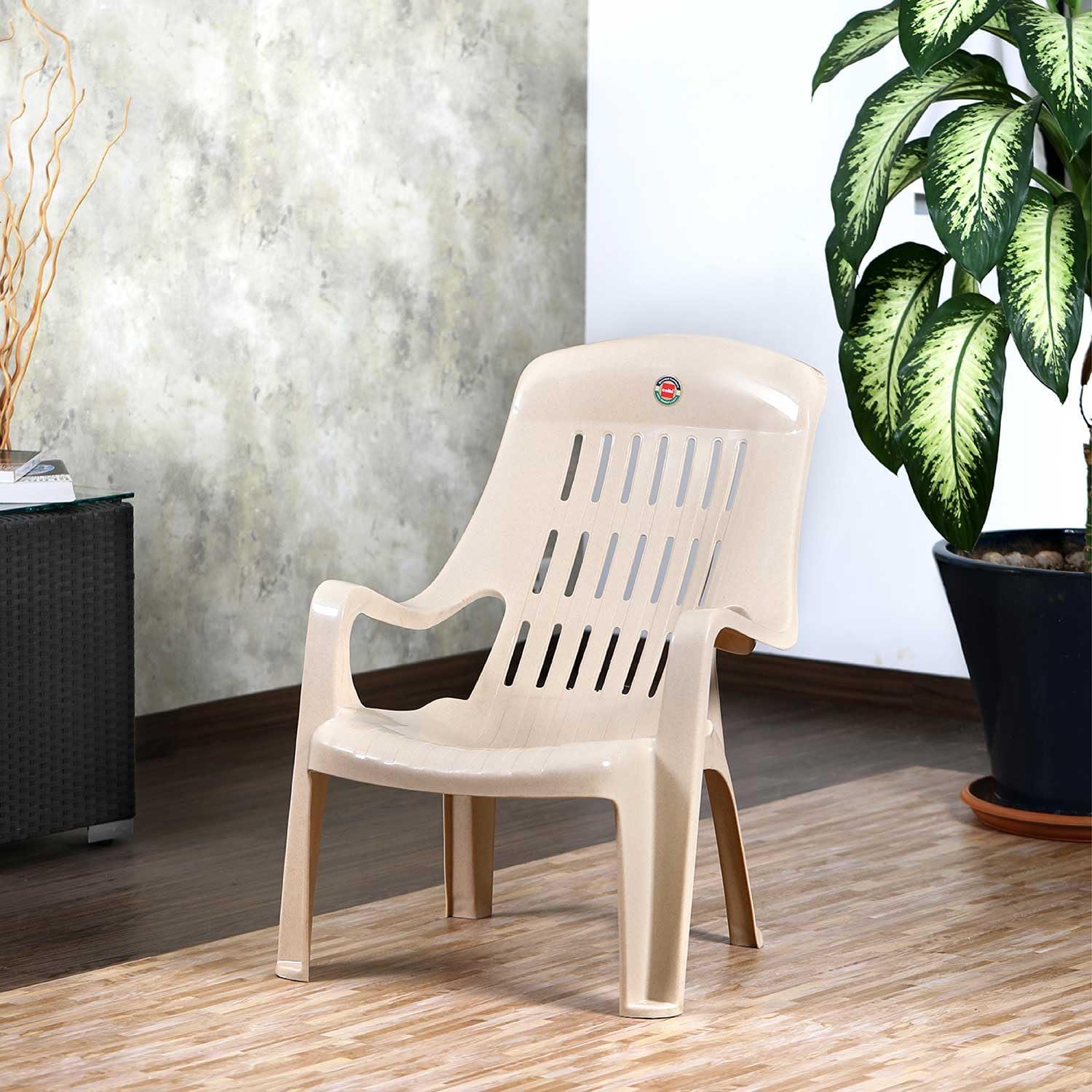 Cello Comfort Sit Chair (Beige) Plastic | Strong and Durable | Easy to Clean | Chair for Living Room, Bed Room, Kitchen, Office Room, Outdoor | 3 Years Warranty