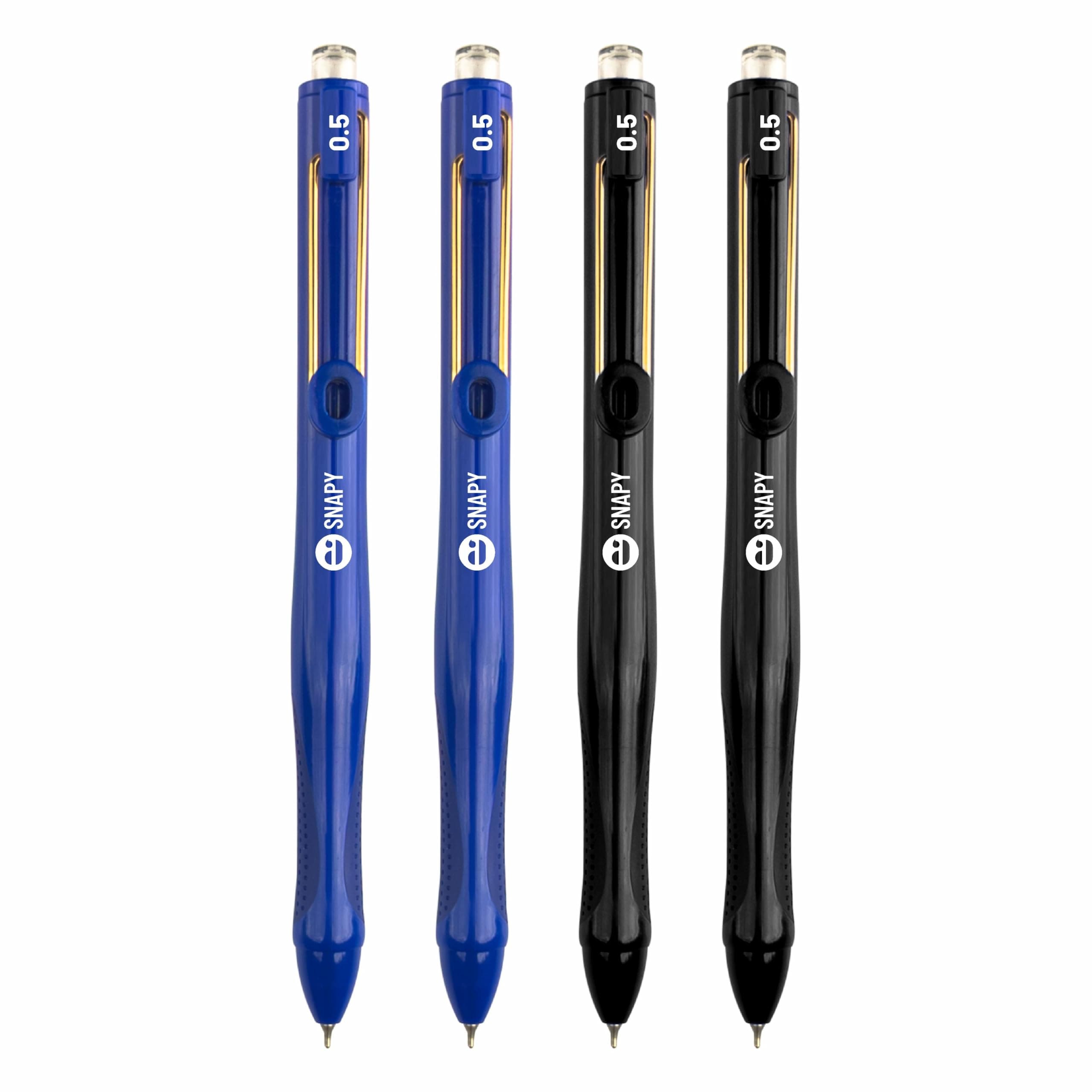 Anupam Snapy Roller Gel Pen 0.5 mm, Waterproof Smooth Quick-Dry Dark Ink, Comfortable Grip Exam & Office Pen, Refillable (2 Blue Body BlueInk, 2 Black Body BlackInk)