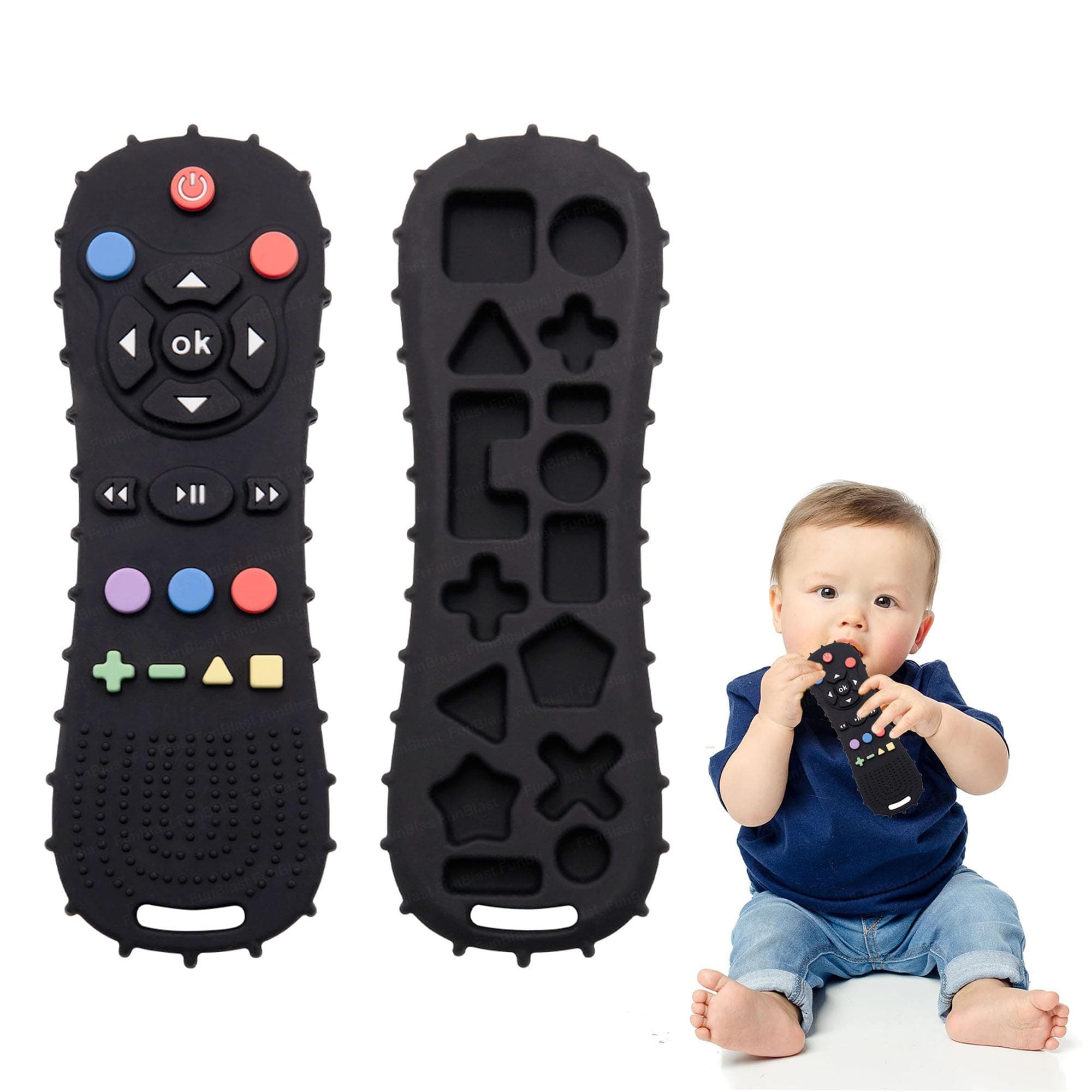 FunBlast Teether for Babies - Silicone Remote Teether for 3+ Month Baby & Toddlers, Teething Toys for Babies and Toddlers, Helps Biting Skills Development, Activity Toys for Baby (Black-)