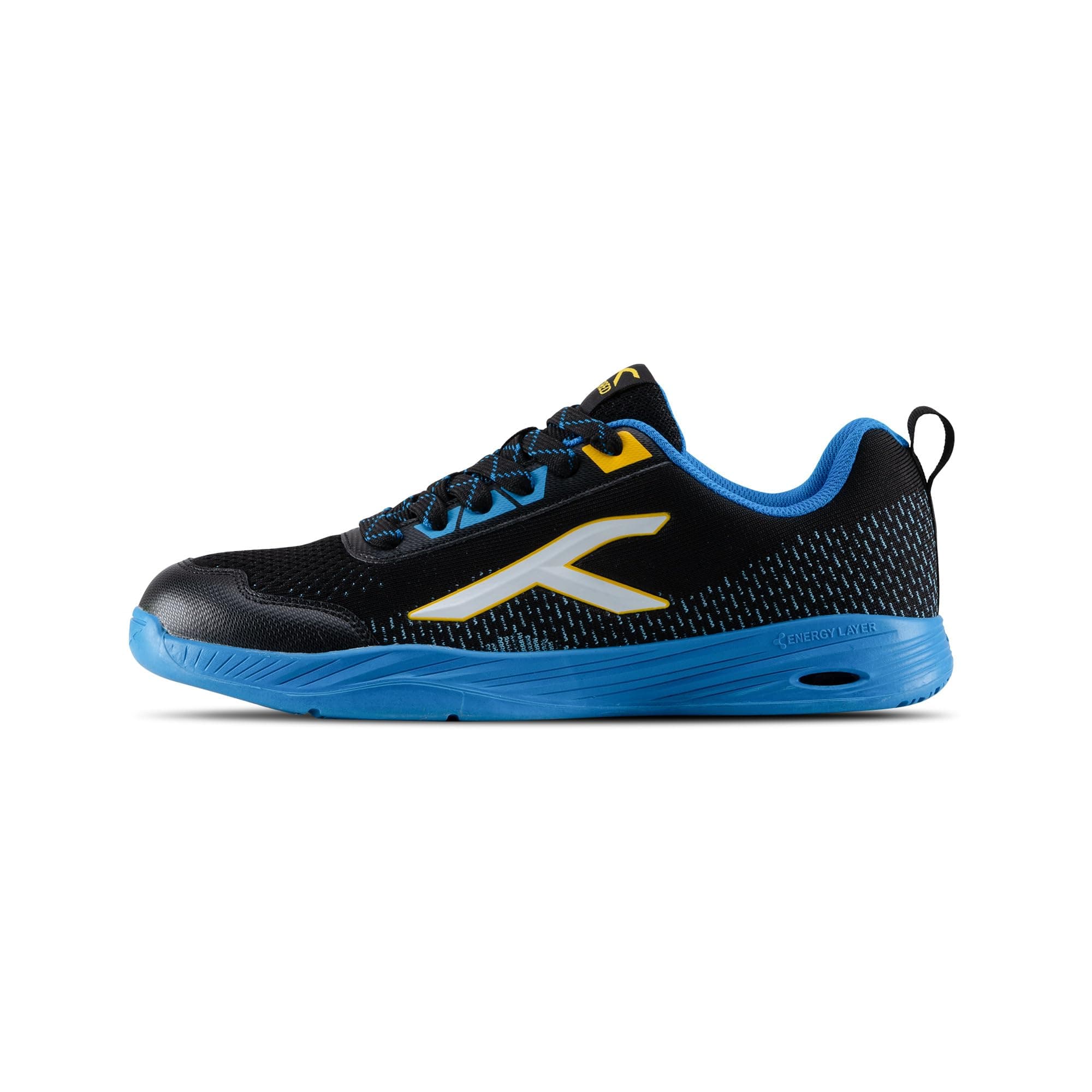 Hundred Court Flyer Non-Marking Badminton Shoes | Indoor Court Shoes for Badminton & Indoor Sports | Lightweight, Breathable, Cushioned, Durable & Comfortable - Black/Blue/Yellow