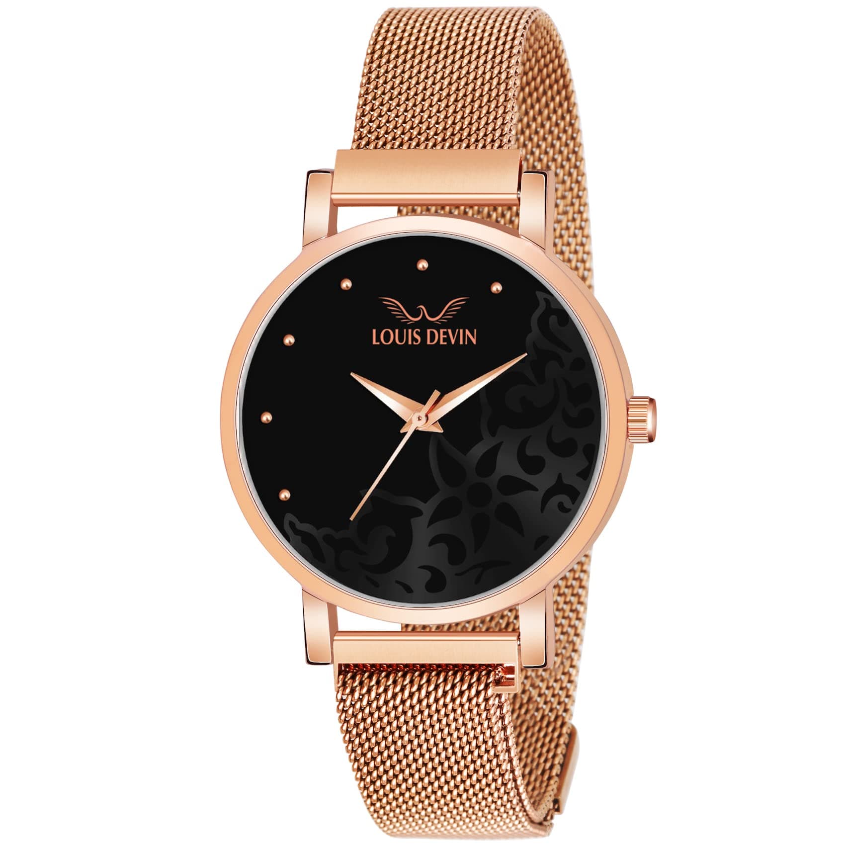 LOUIS DEVIN Brass Rose Gold Plated Chain Analog Wrist Watch For Women (Black Dial) | Ld-Rg154-Blk, Rose Gold Band
